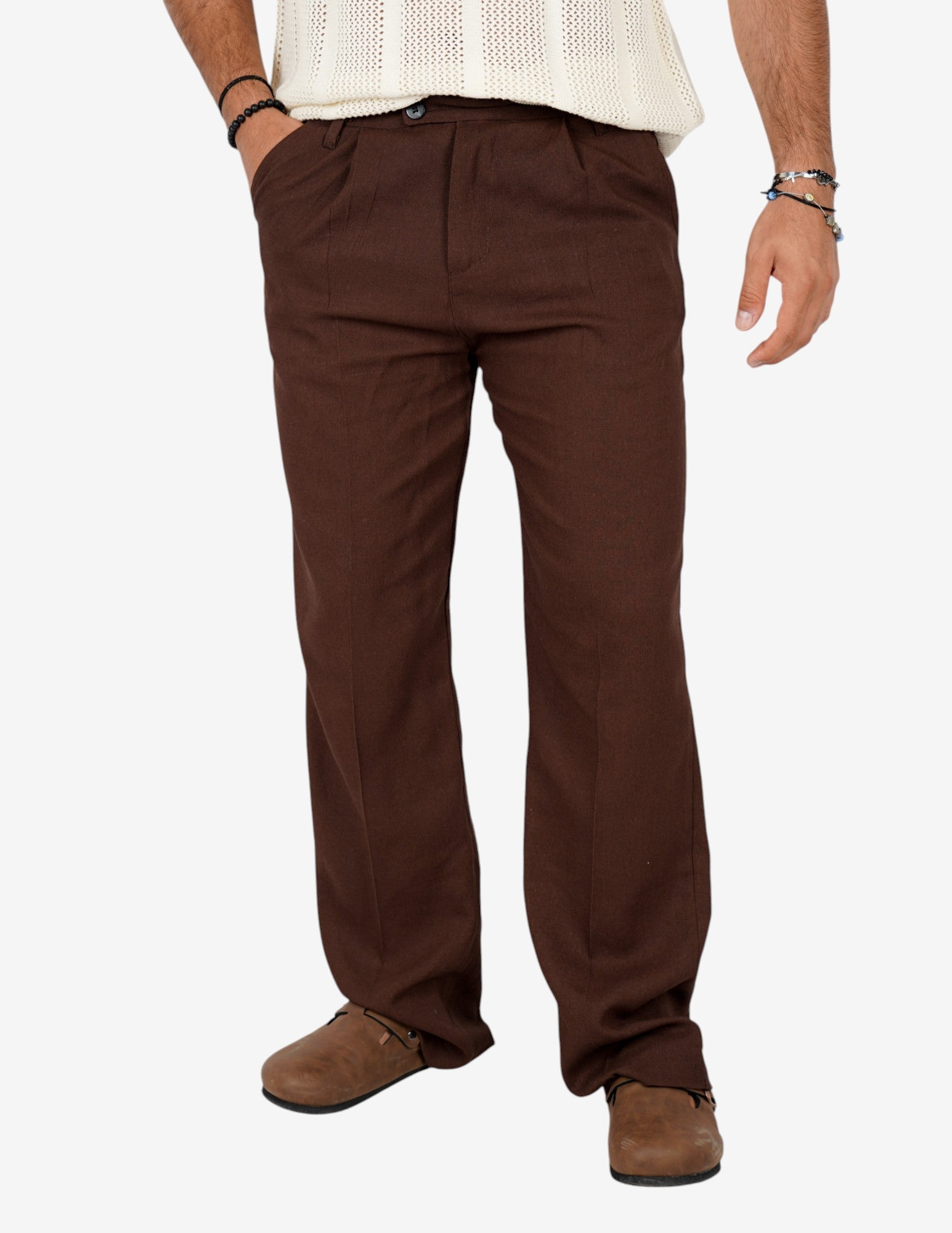 pantalone fondo largo in misto lino