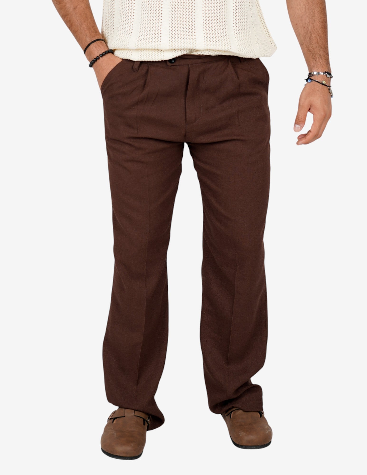 pantalone fondo largo in misto lino