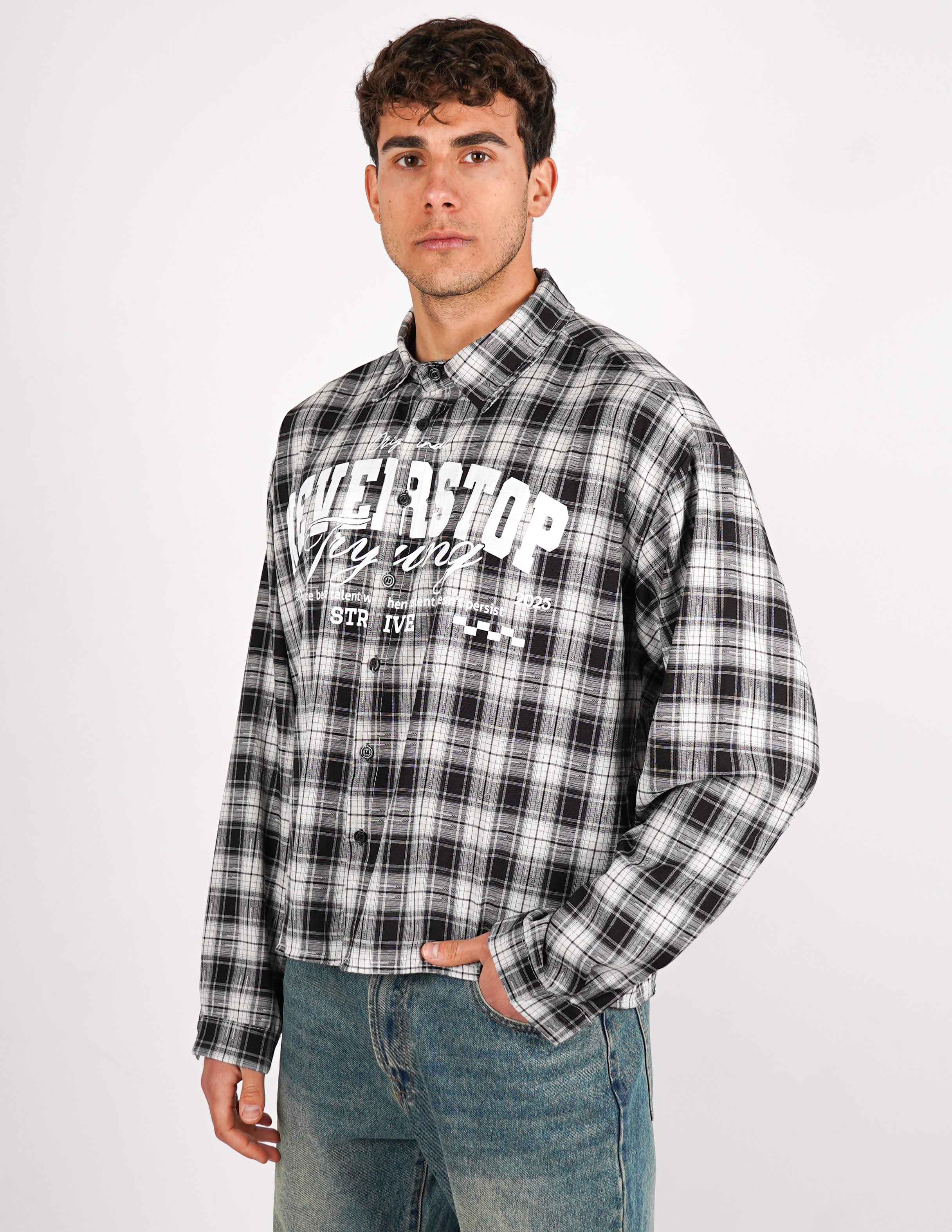 camicia crop a quadri con stampa