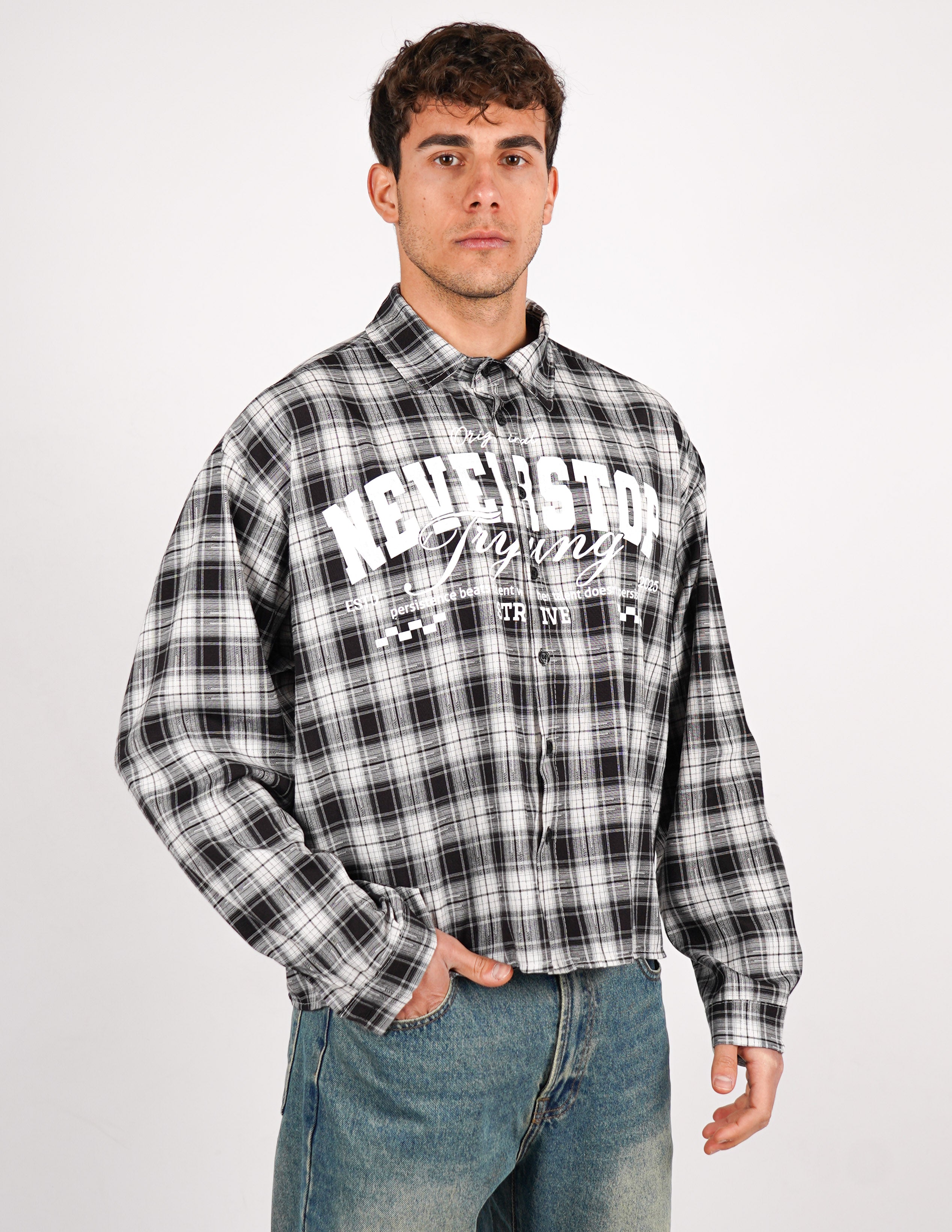 camicia crop a quadri con stampa