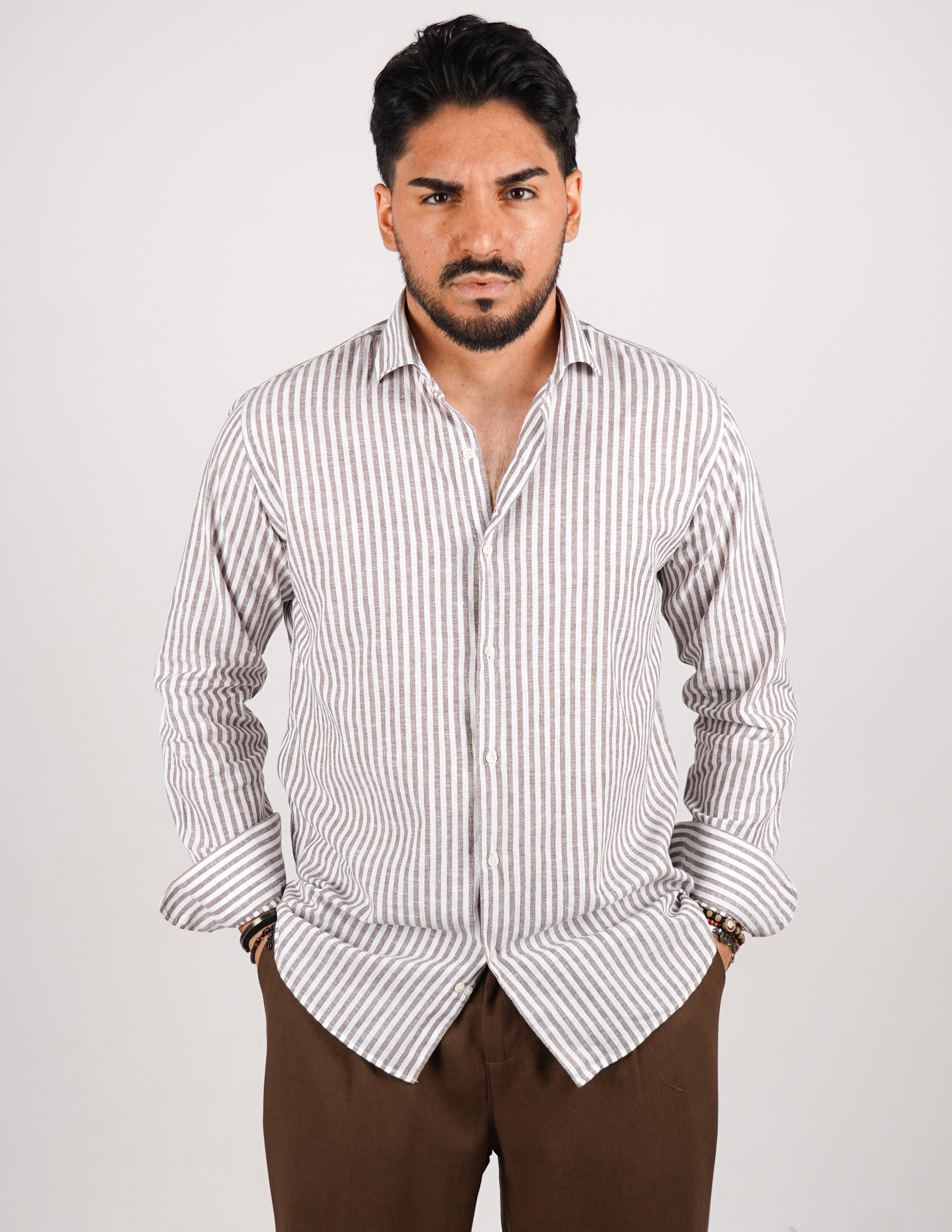 camicia profumata in lino a righe collo classico