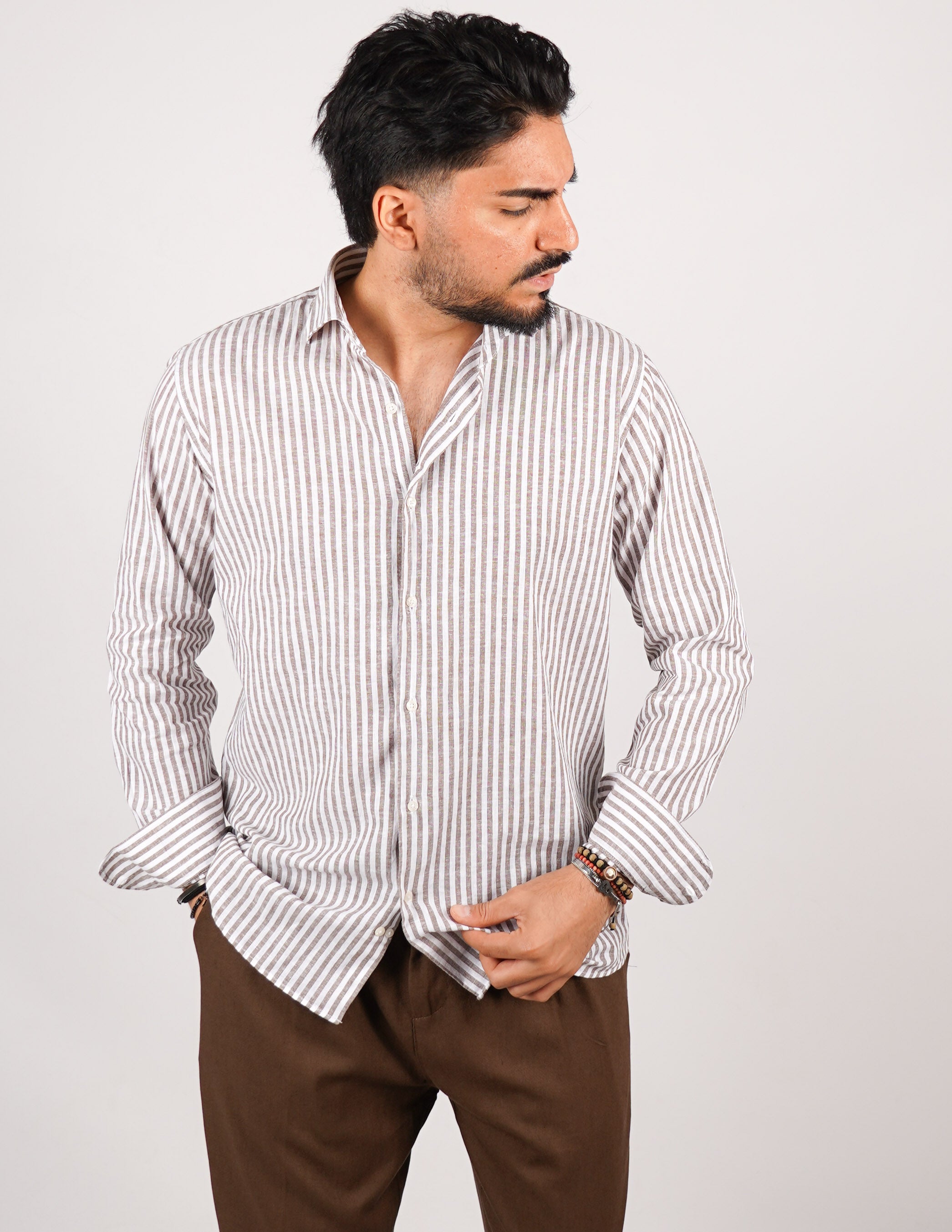 camicia profumata in lino a righe collo classico