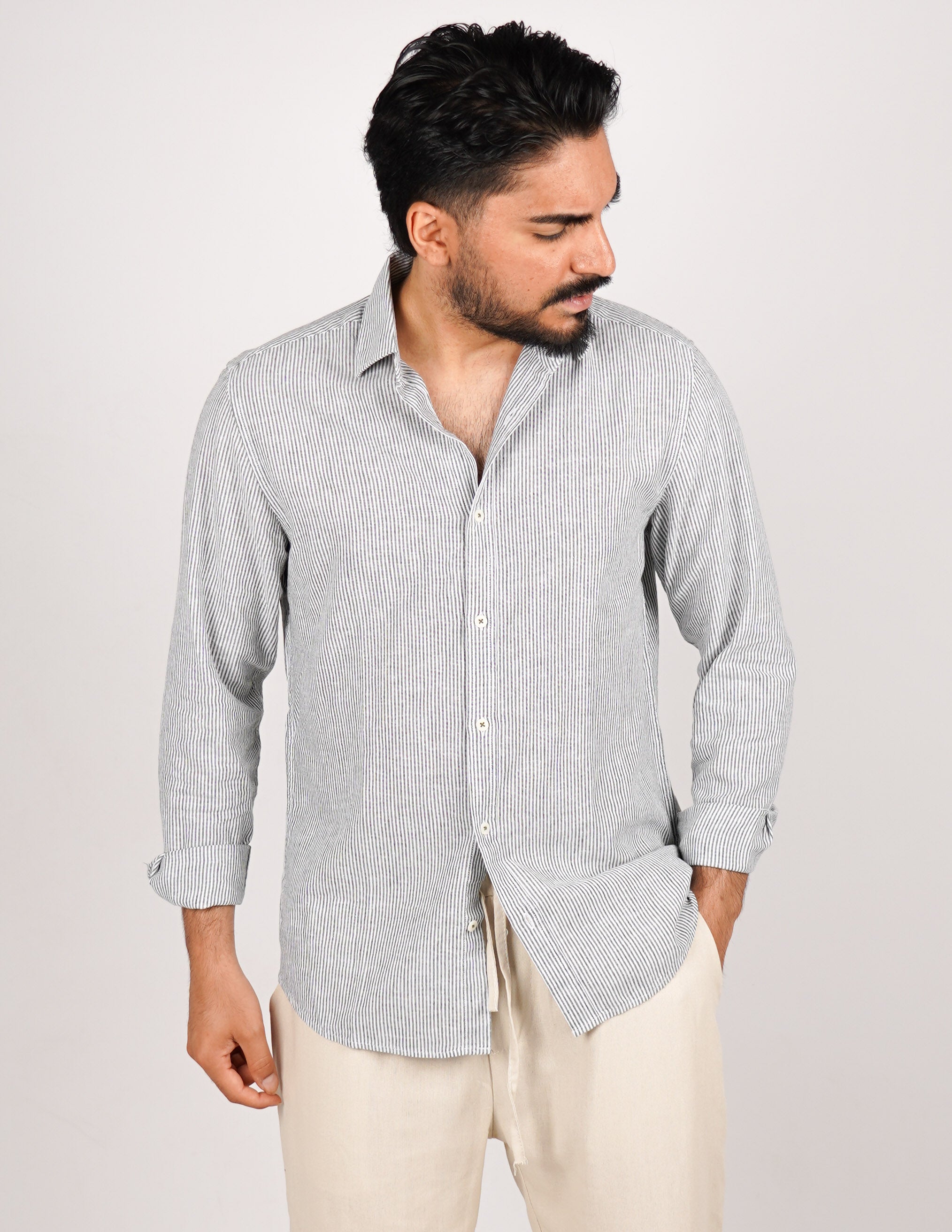 CAMICIA IN MISTO LINO RIGA STRETTA
