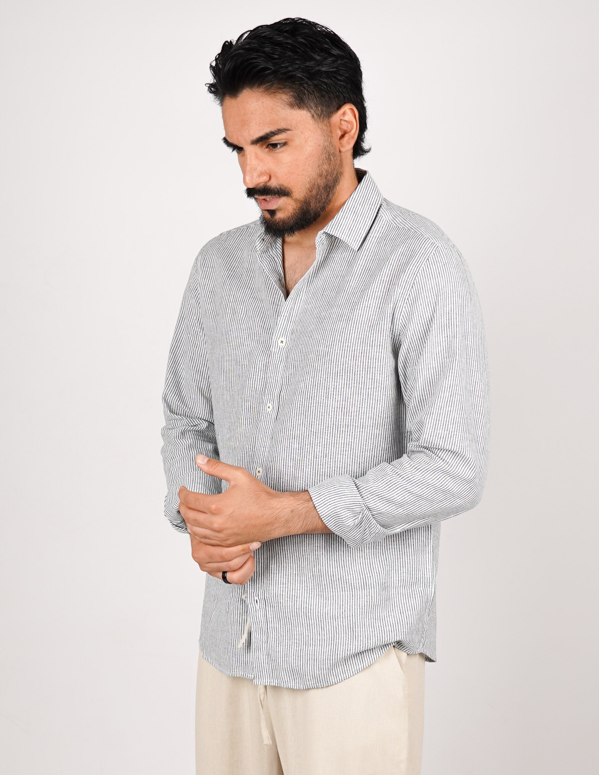 CAMICIA IN MISTO LINO RIGA STRETTA