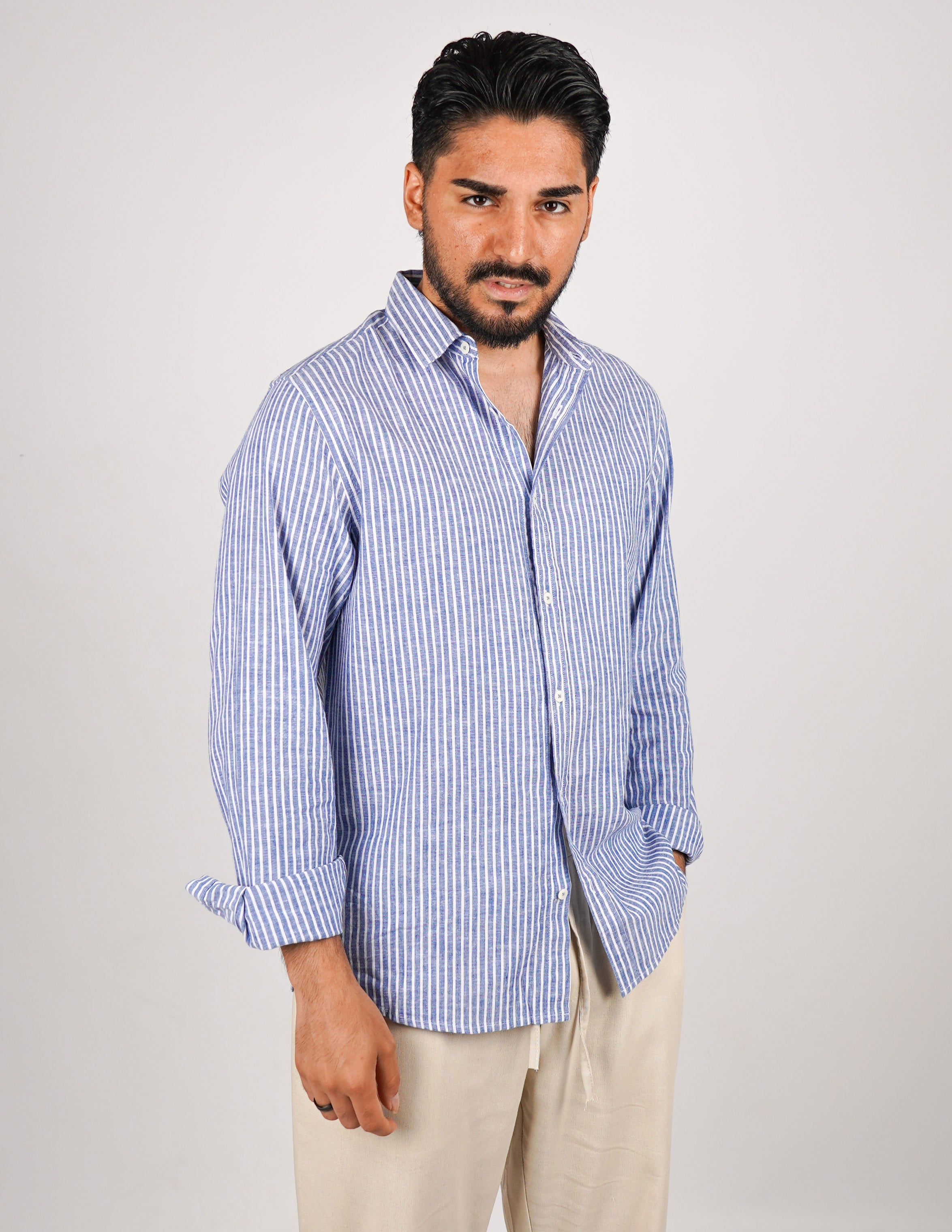 CAMICIA IN MISTO LINO RIGA STRETTA