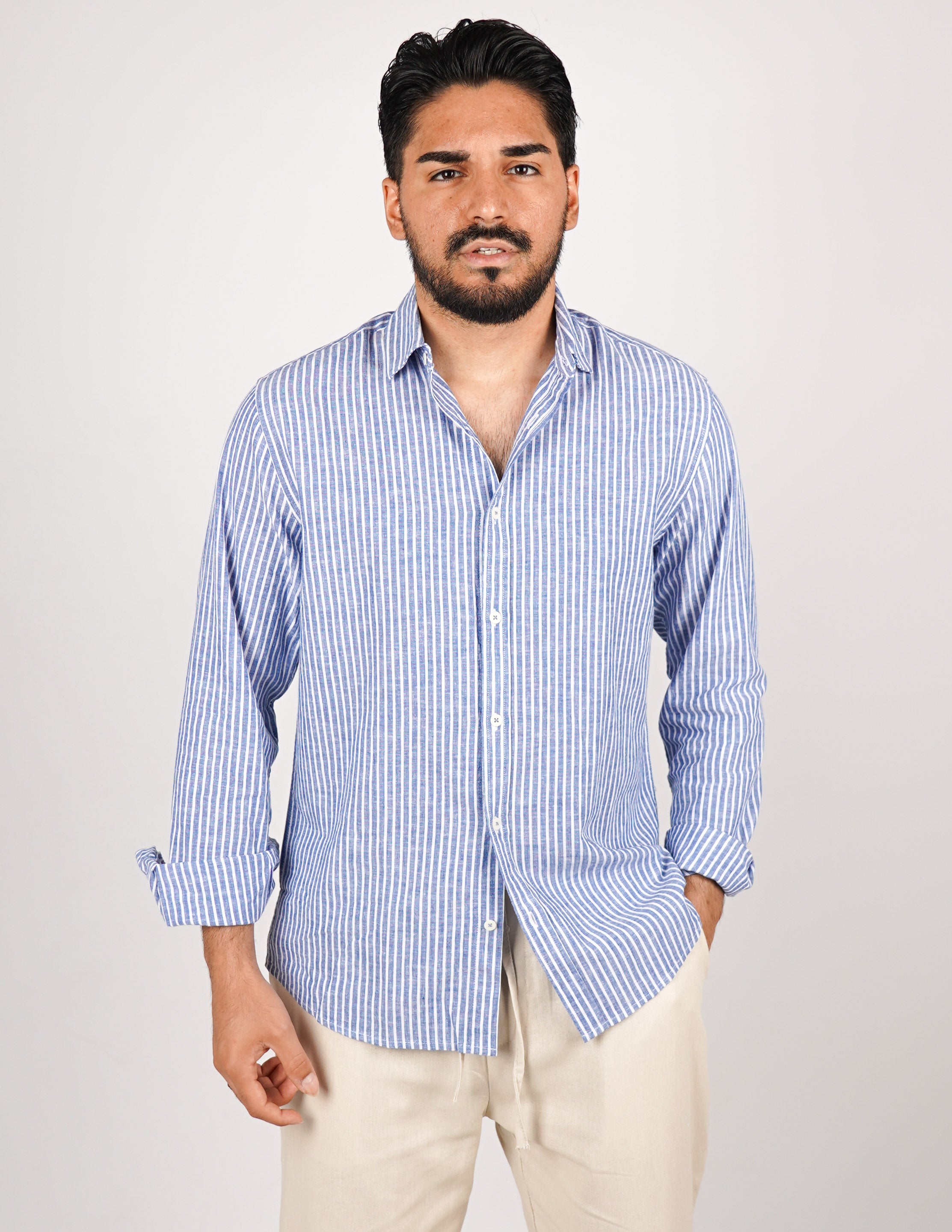 CAMICIA IN MISTO LINO RIGA STRETTA