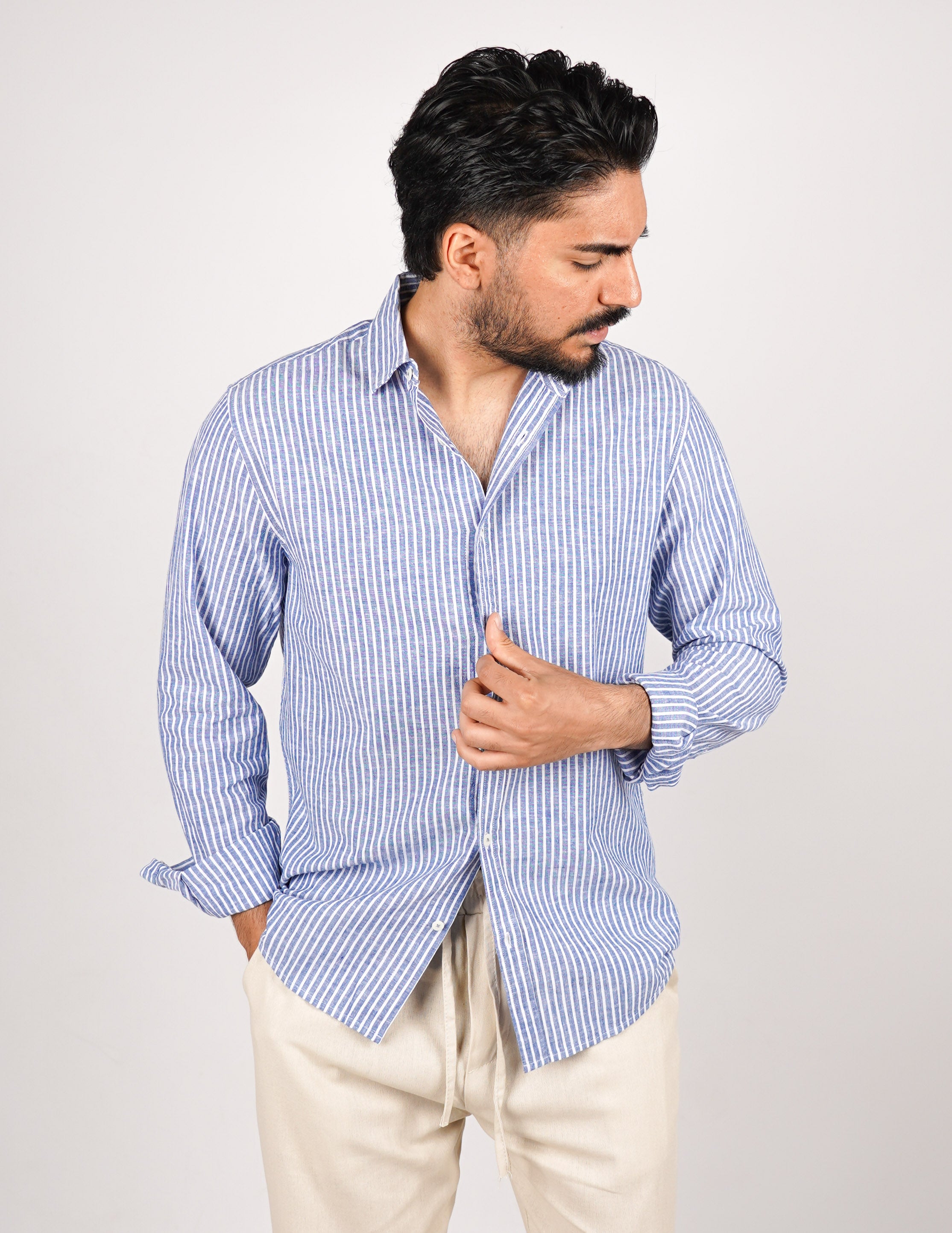 CAMICIA IN MISTO LINO RIGA STRETTA