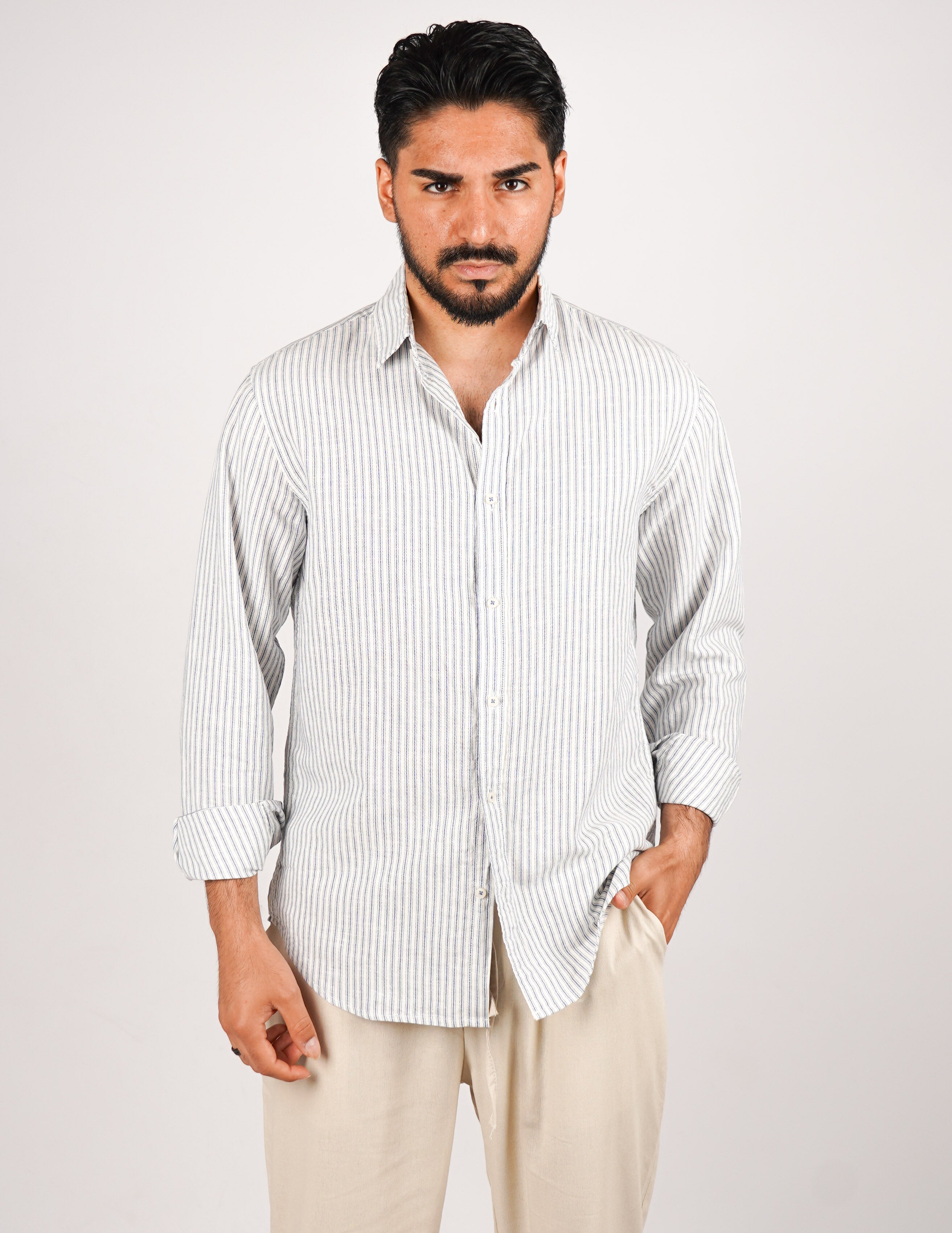 CAMICIA IN MISTO LINO RIGA STRETTA
