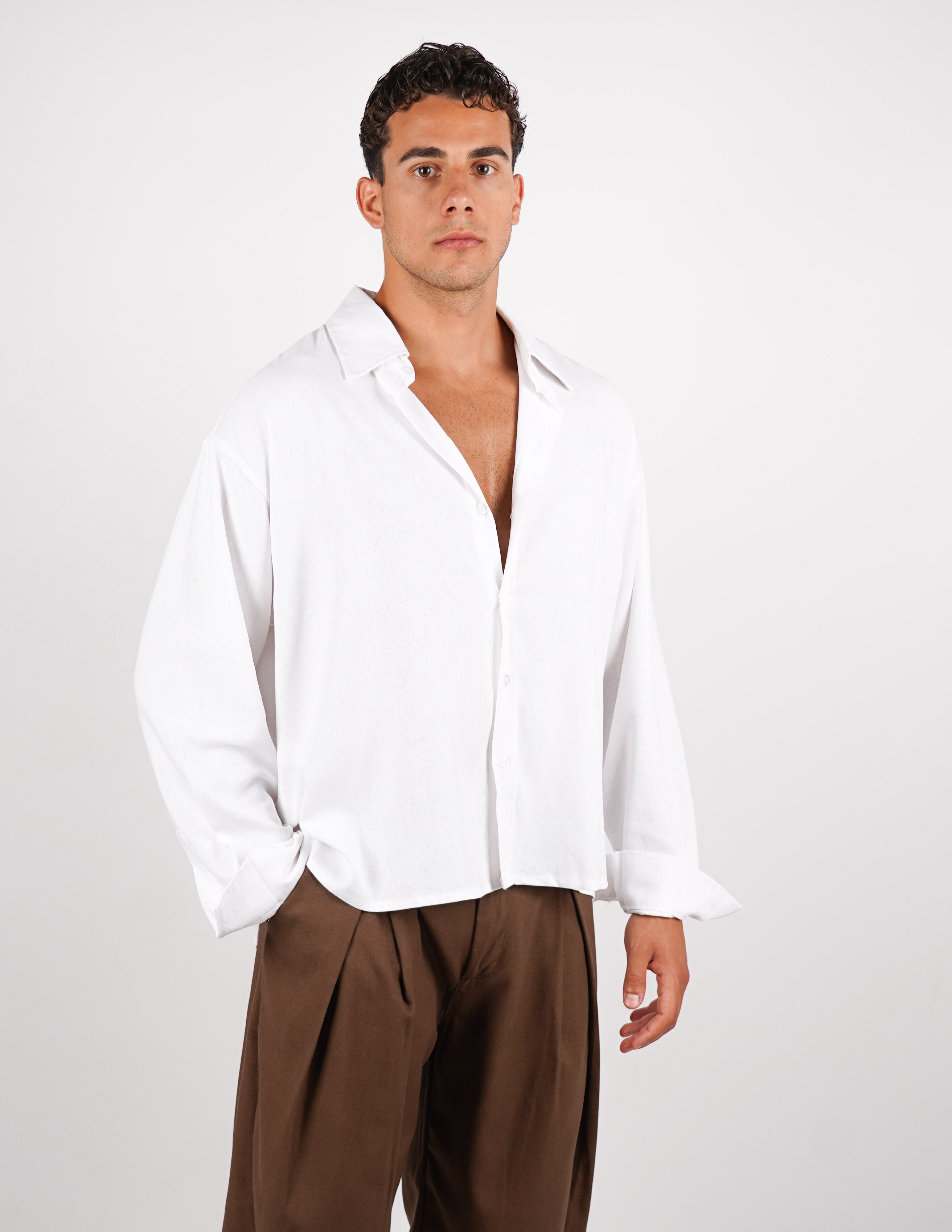 camicia crop fit in misto lino