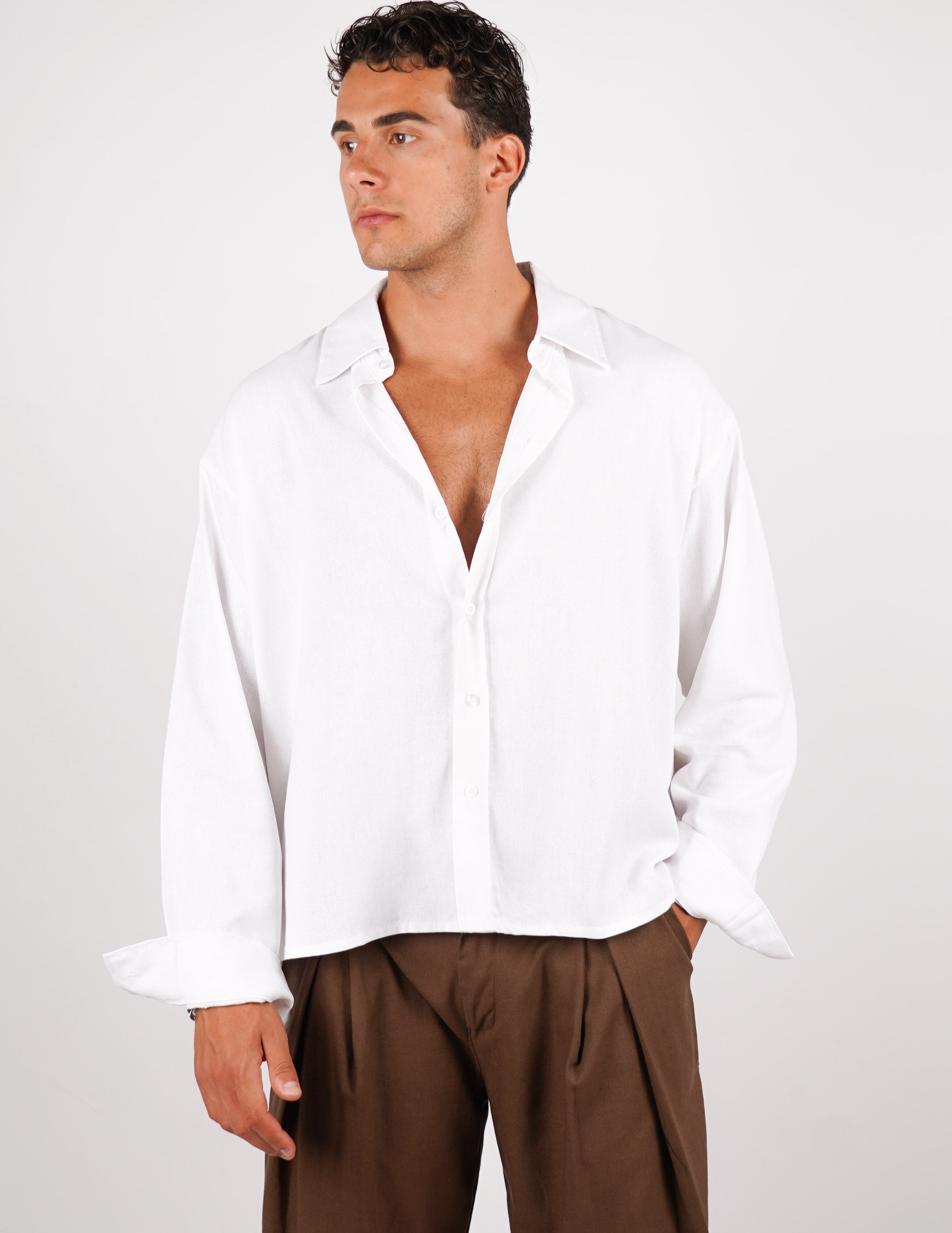 camicia crop fit in misto lino