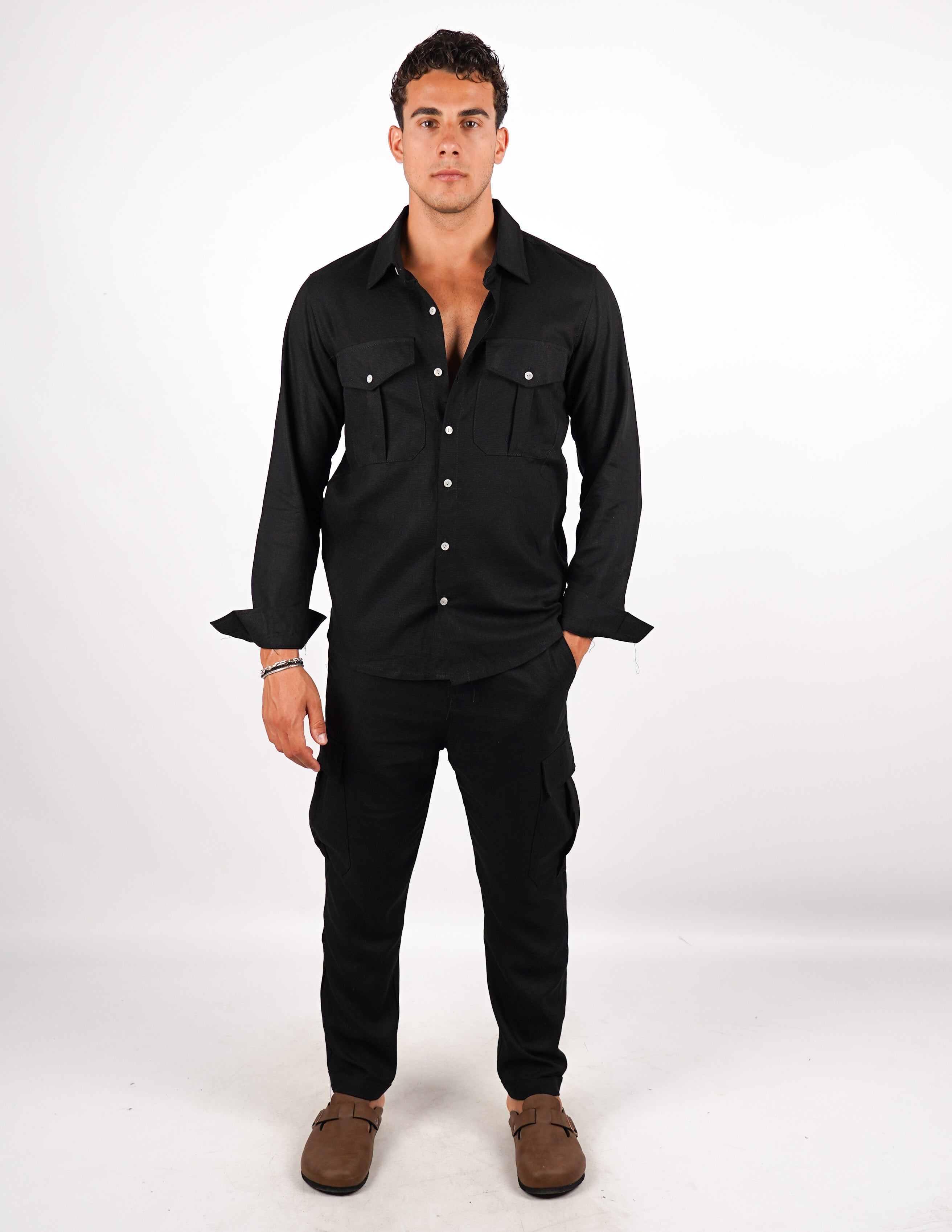 COORDINATO SLIM IN LINO CON TASCA