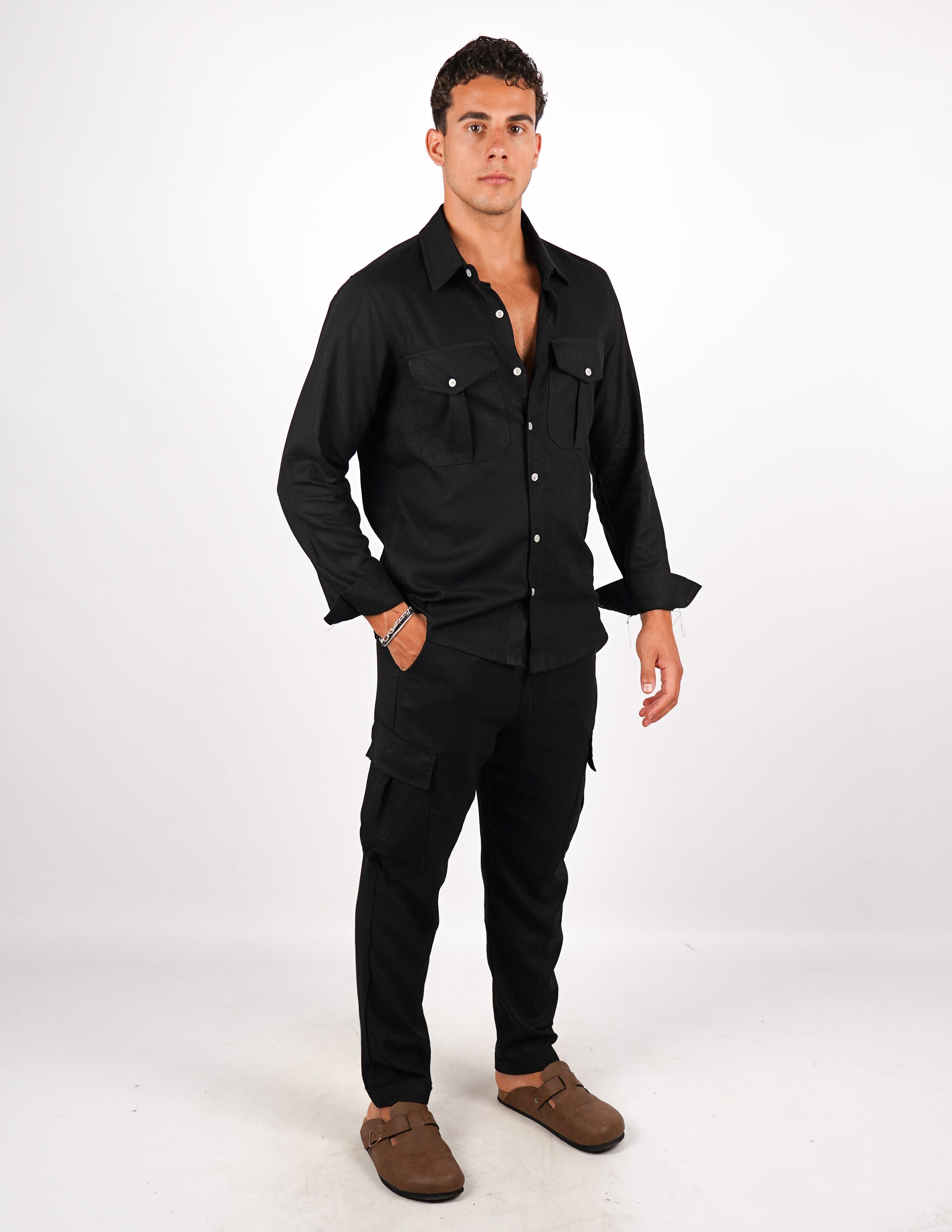 COORDINATO SLIM IN LINO CON TASCA