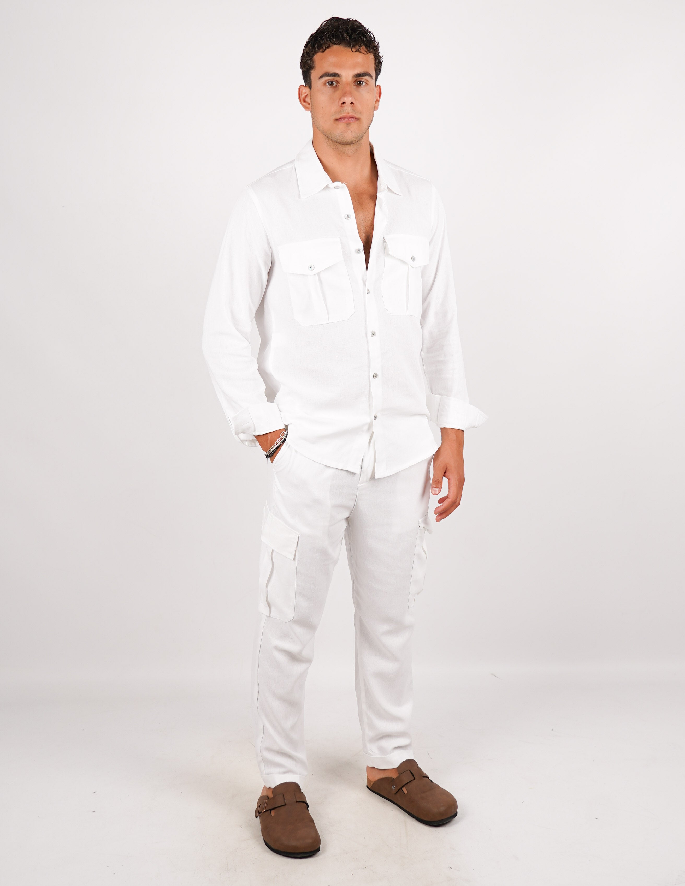 COORDINATO SLIM IN LINO CON TASCA