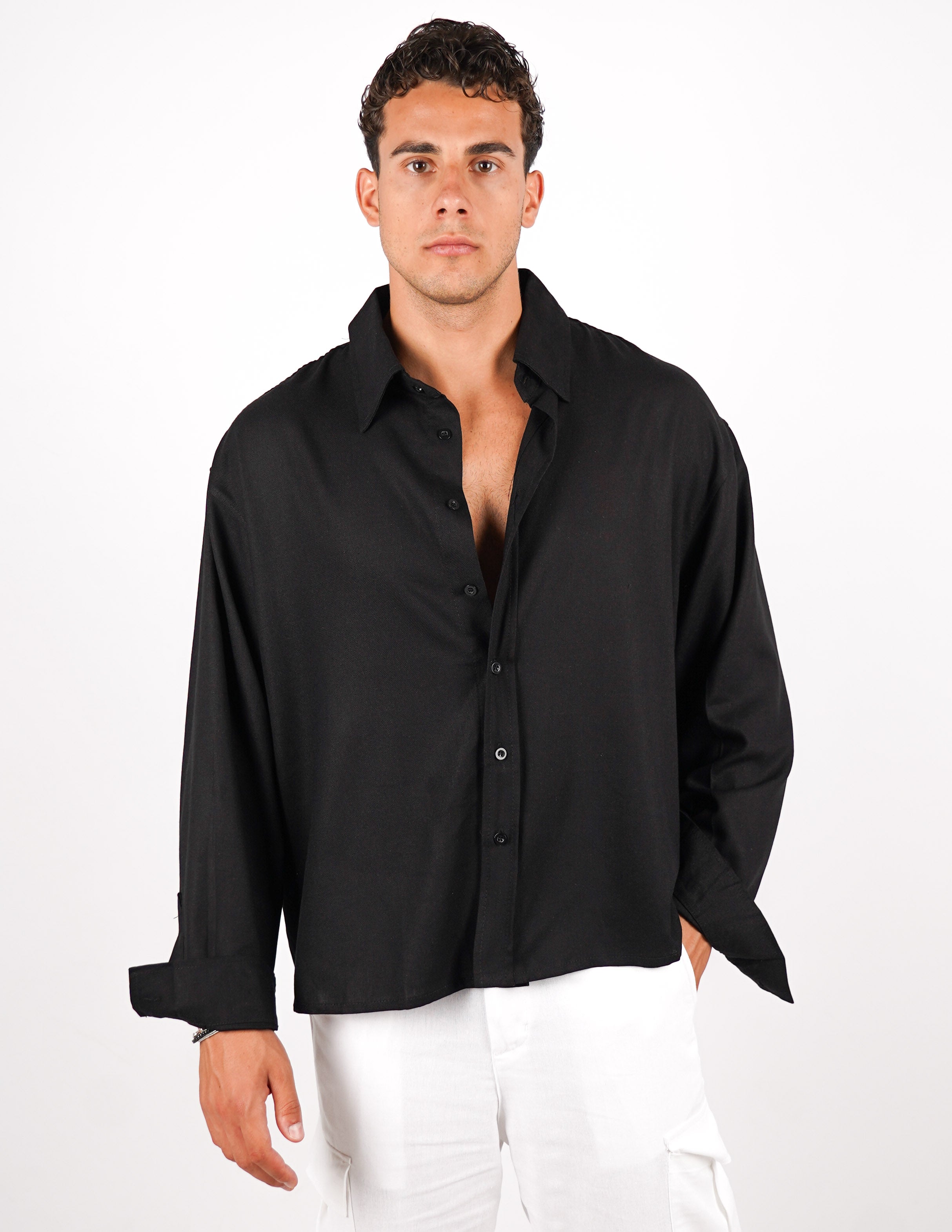 camicia crop fit in misto lino