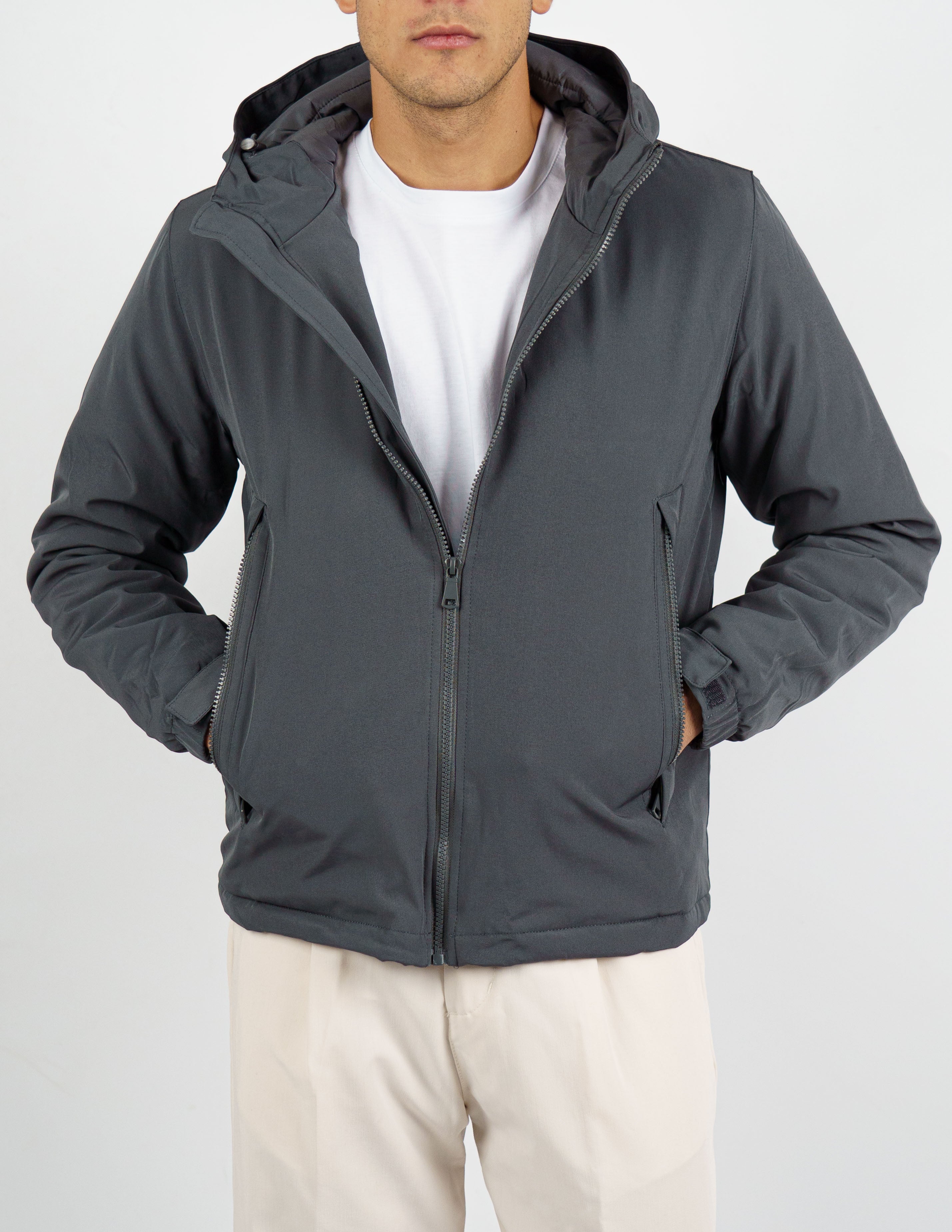 giubbino uomo tessuto tecnico con cappuccio