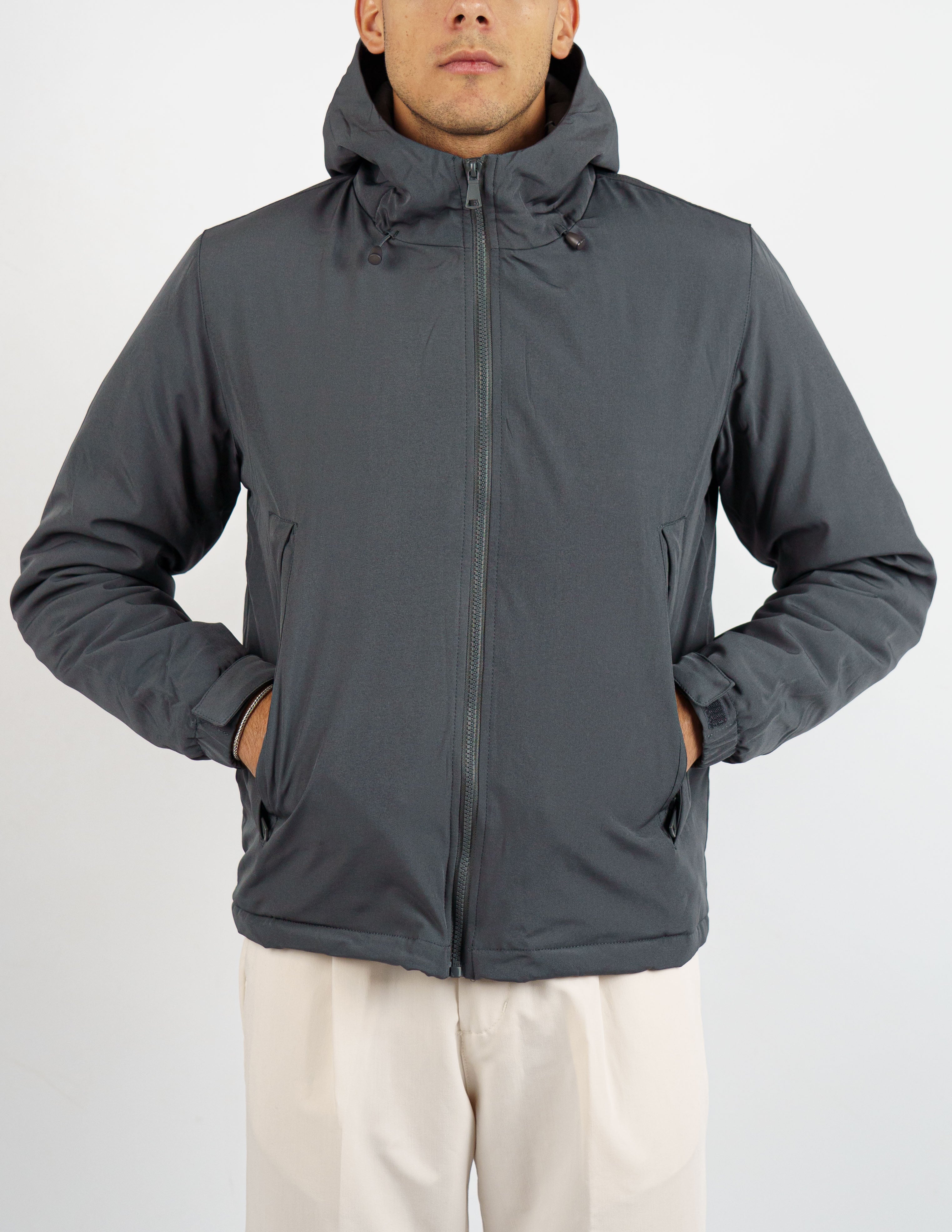 giubbino uomo tessuto tecnico con cappuccio
