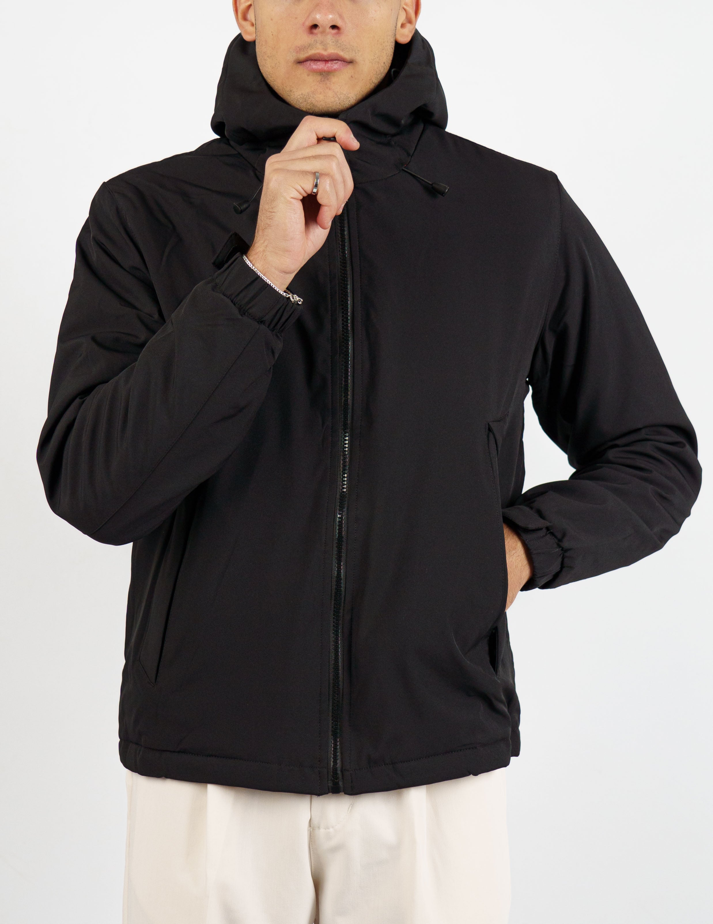giubbino uomo tessuto tecnico con cappuccio