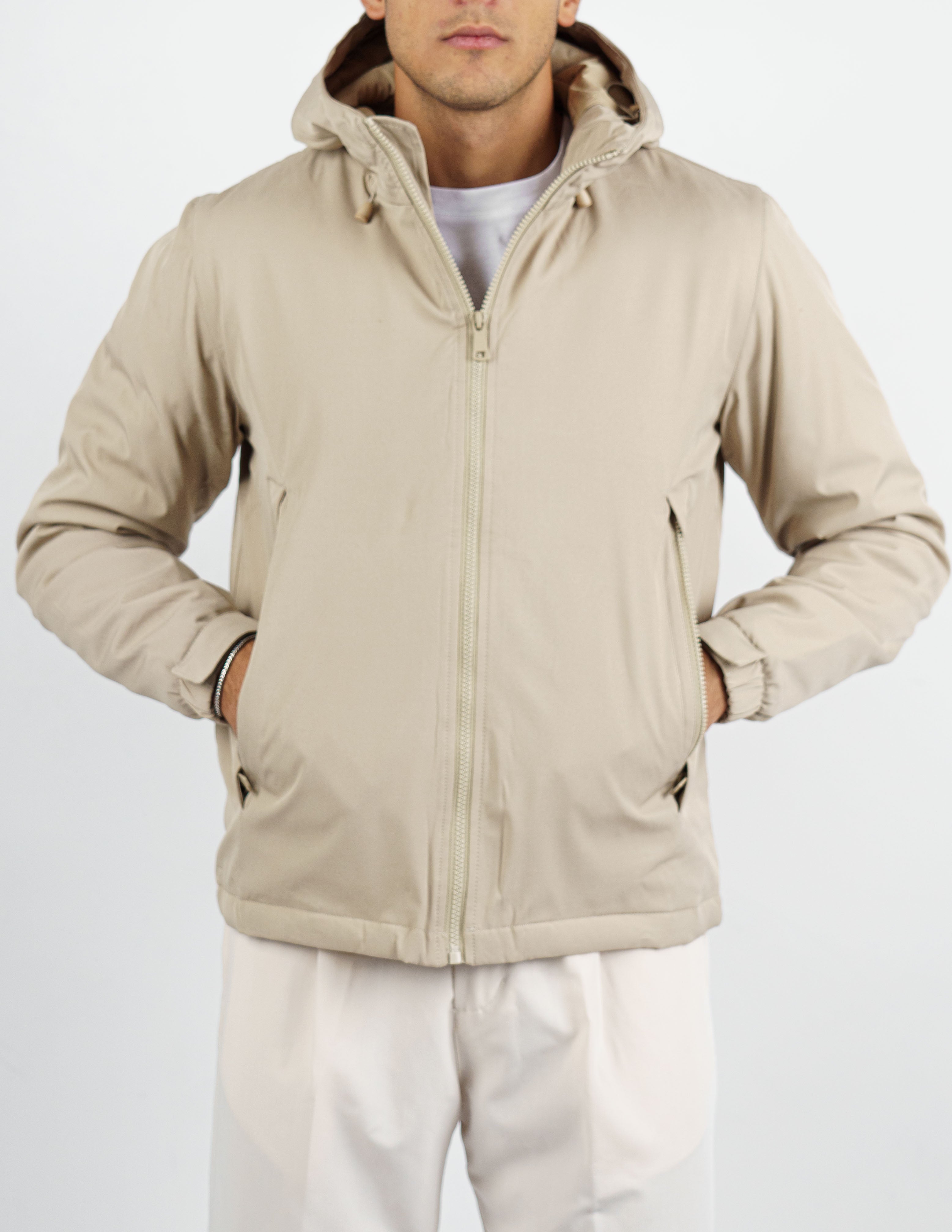 giubbino uomo tessuto tecnico con cappuccio