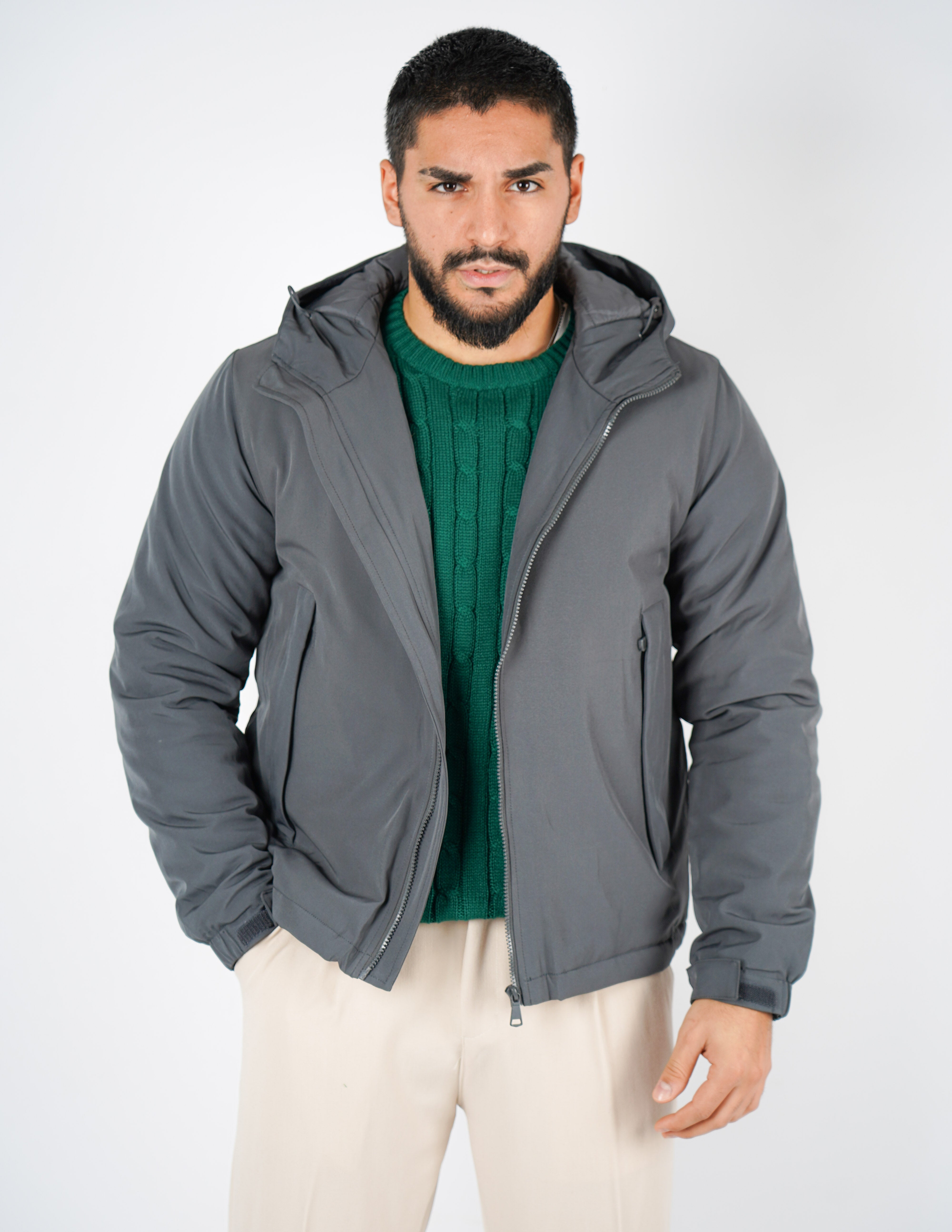 giubbino uomo tessuto tecnico con cappuccio