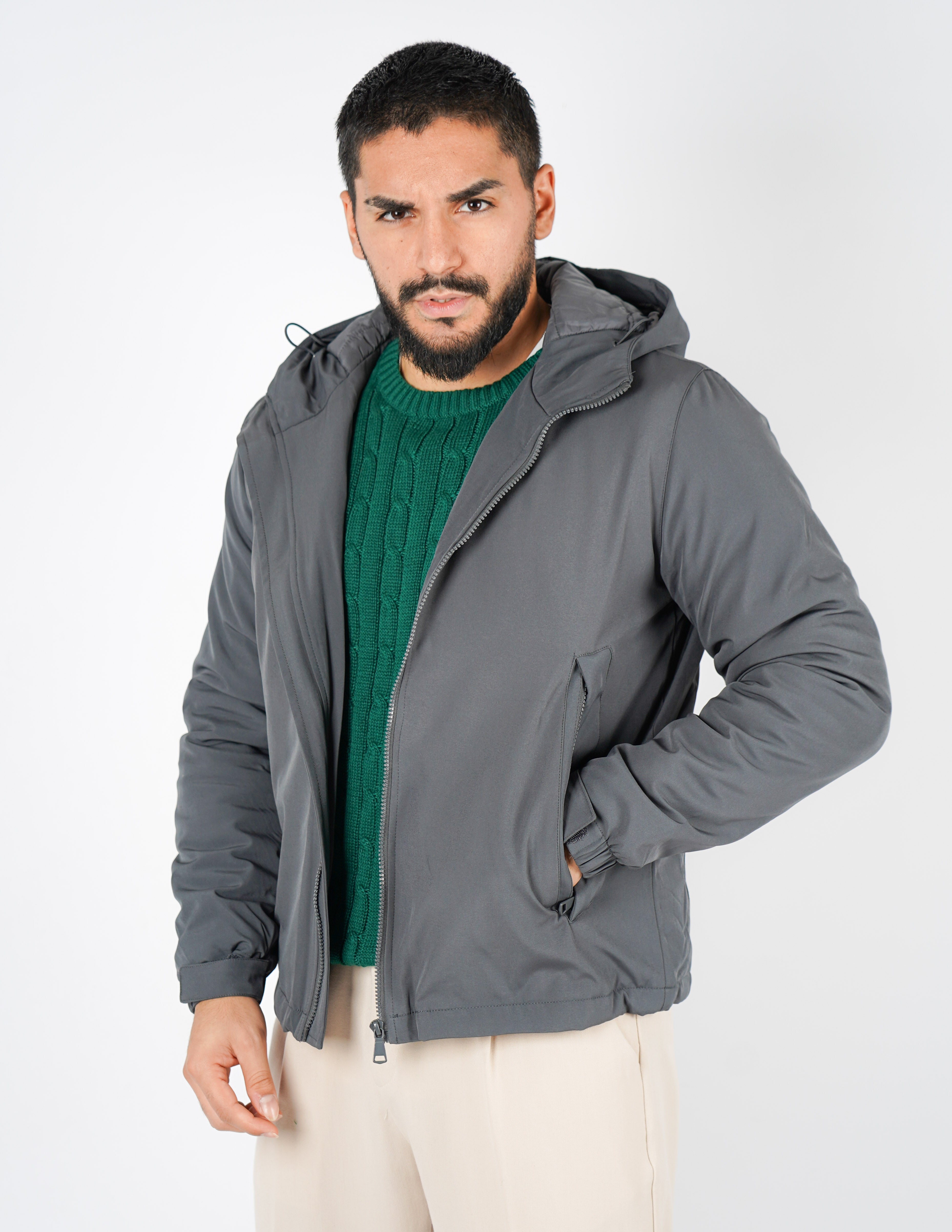 giubbino uomo tessuto tecnico con cappuccio