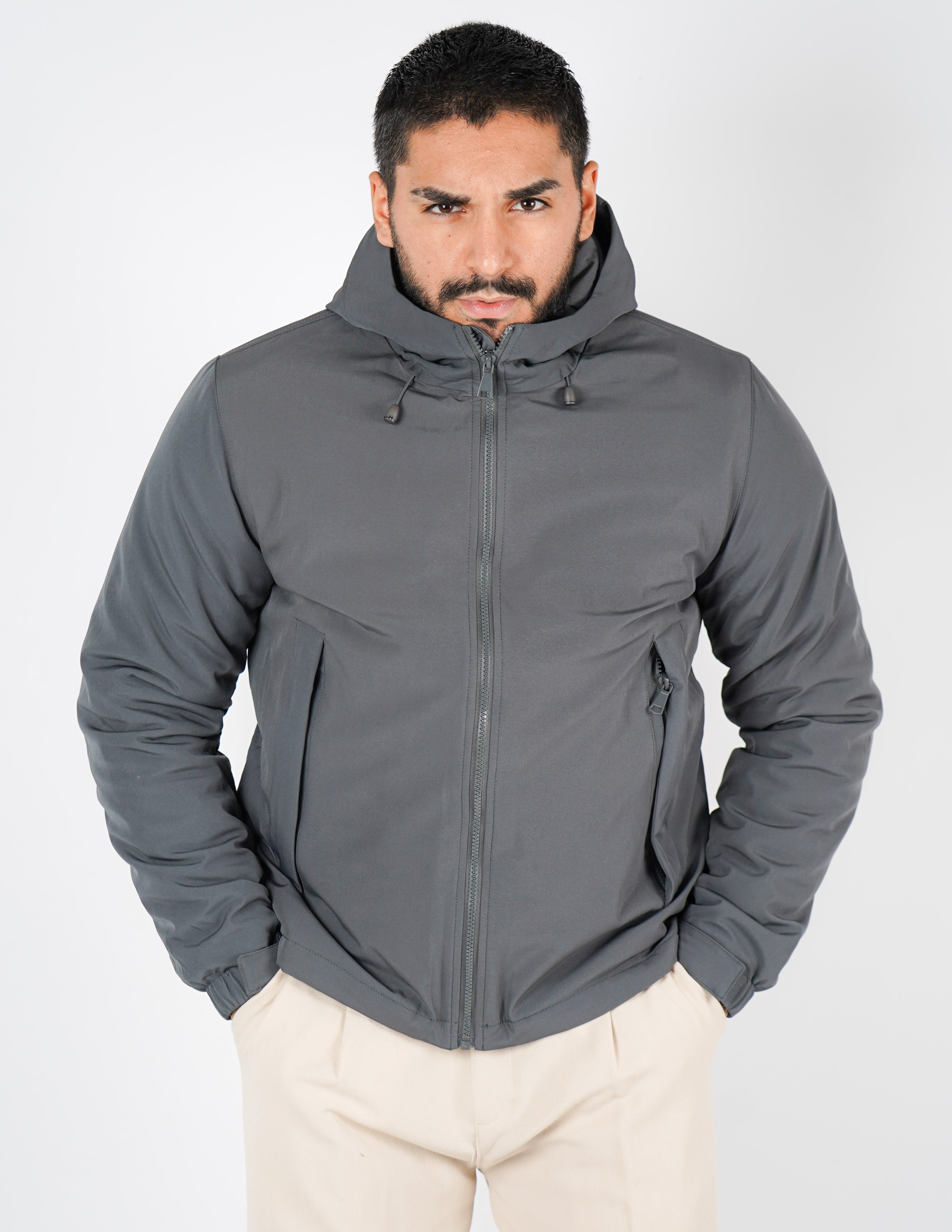 giubbino uomo tessuto tecnico con cappuccio