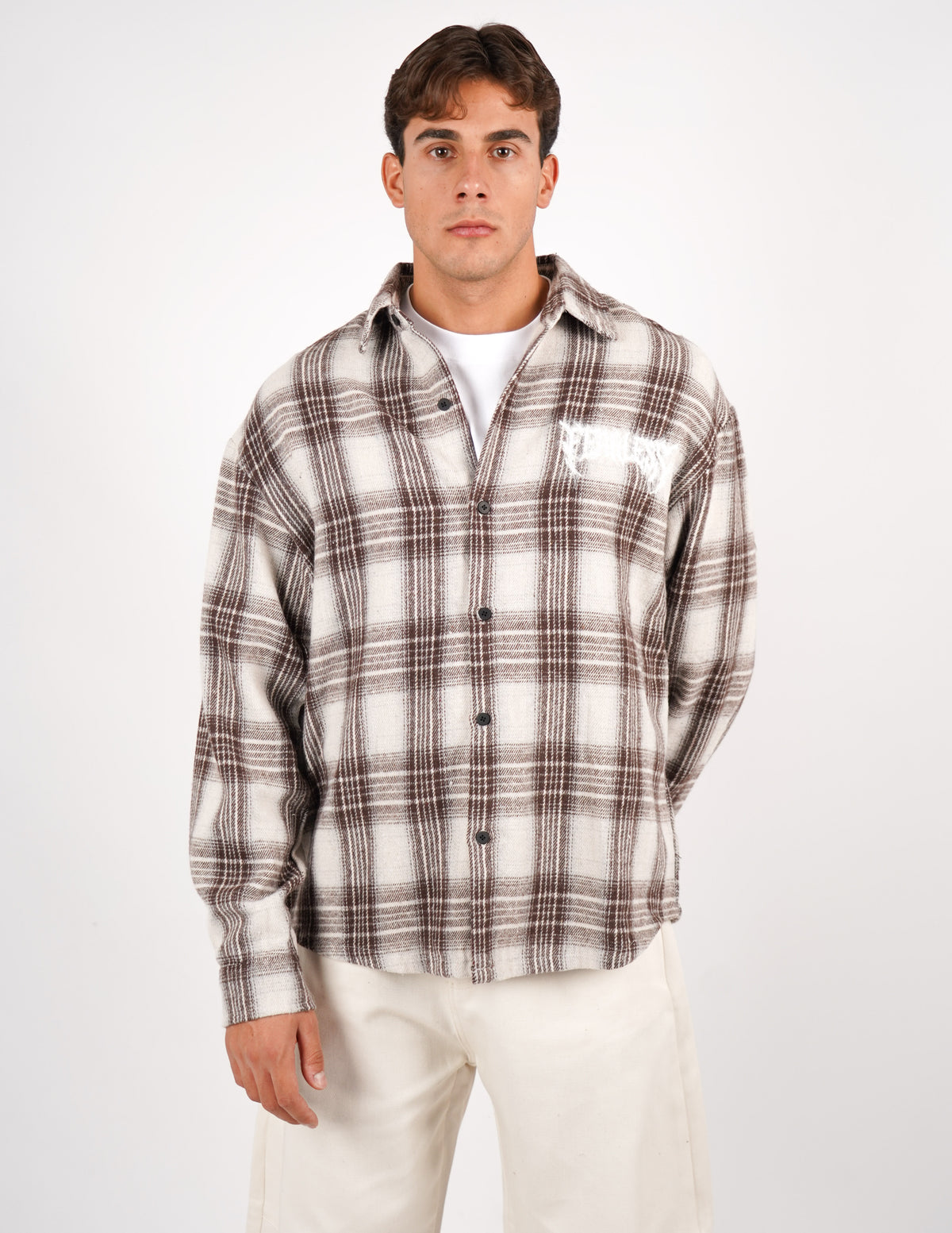 camicia a quadri in flanella con ricamo