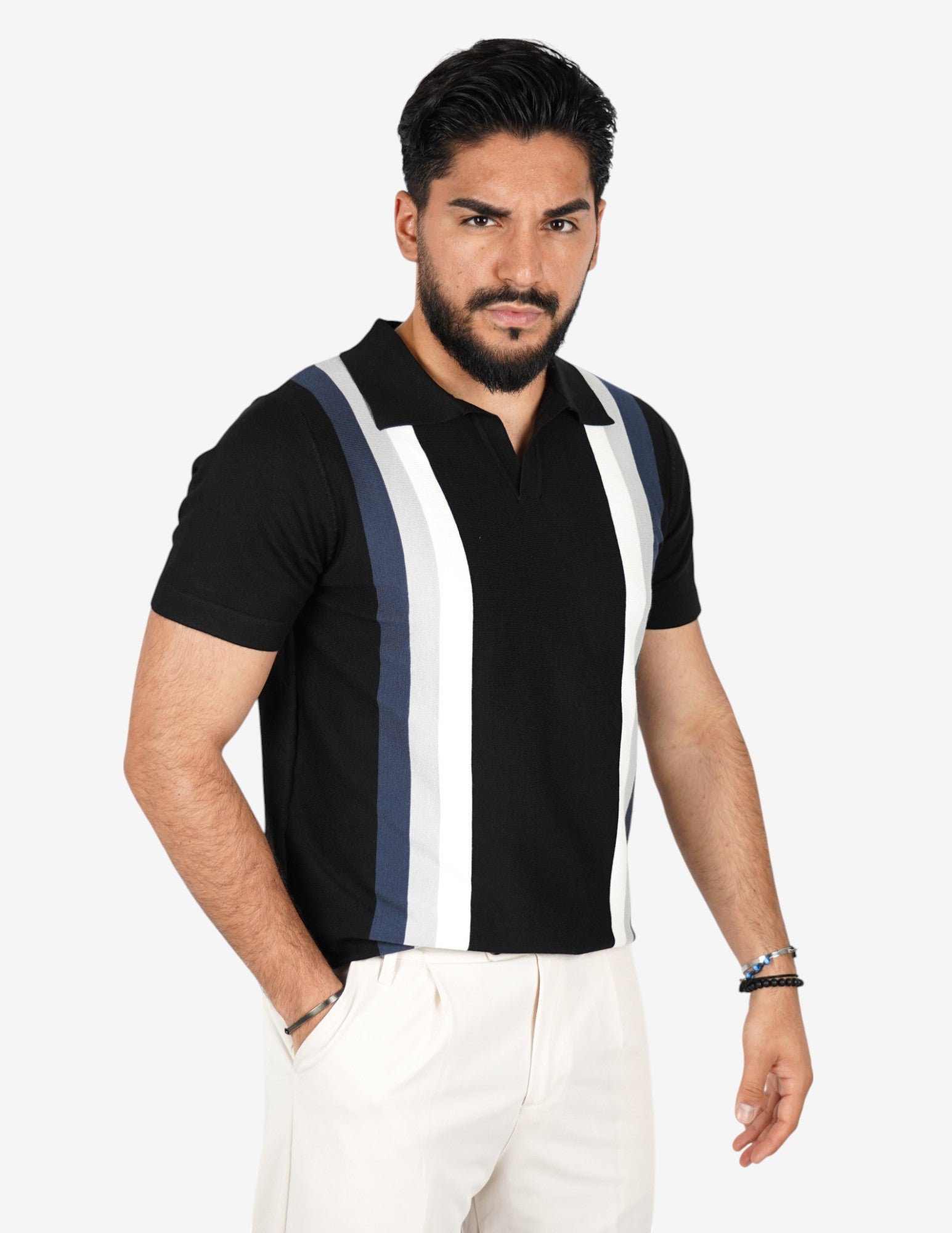 polo collo aperto con righe