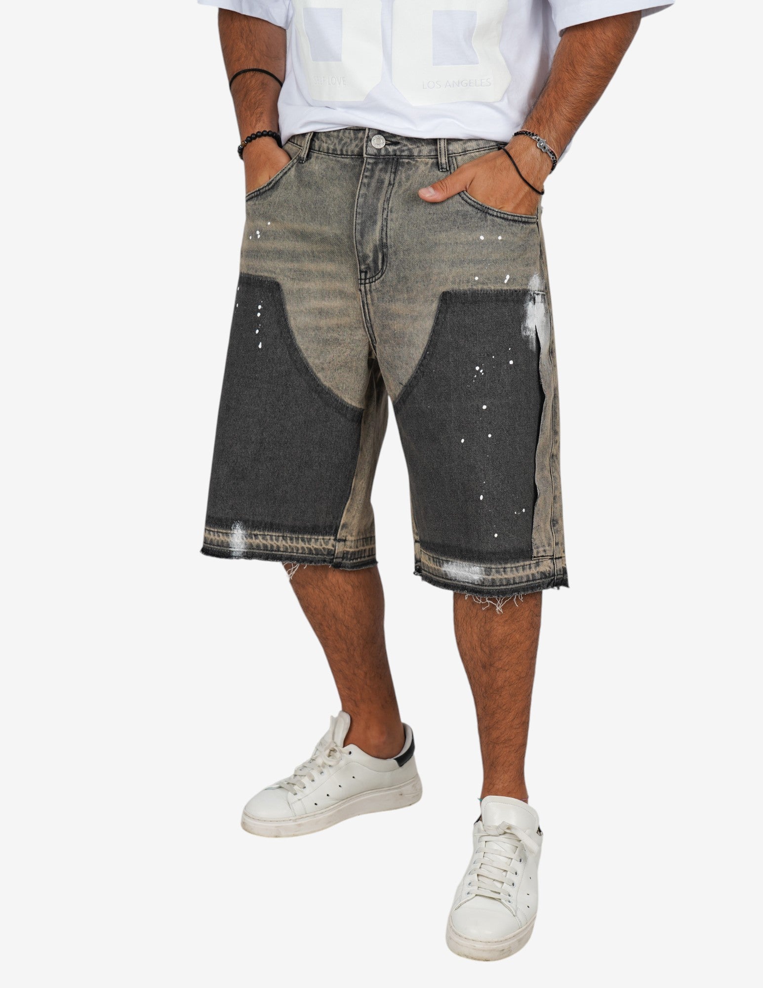 bermuda in jeans con schizzi