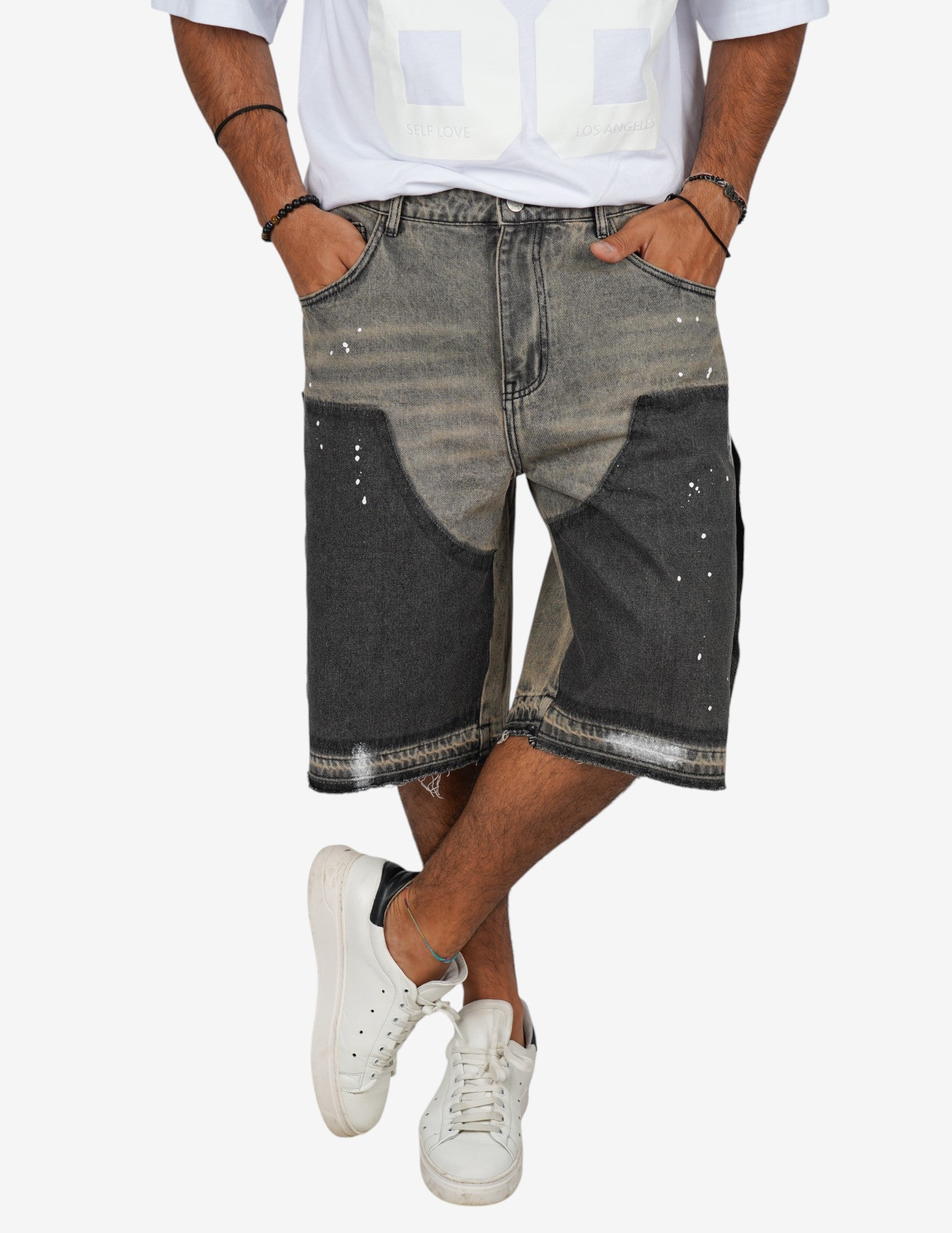 bermuda in jeans con schizzi