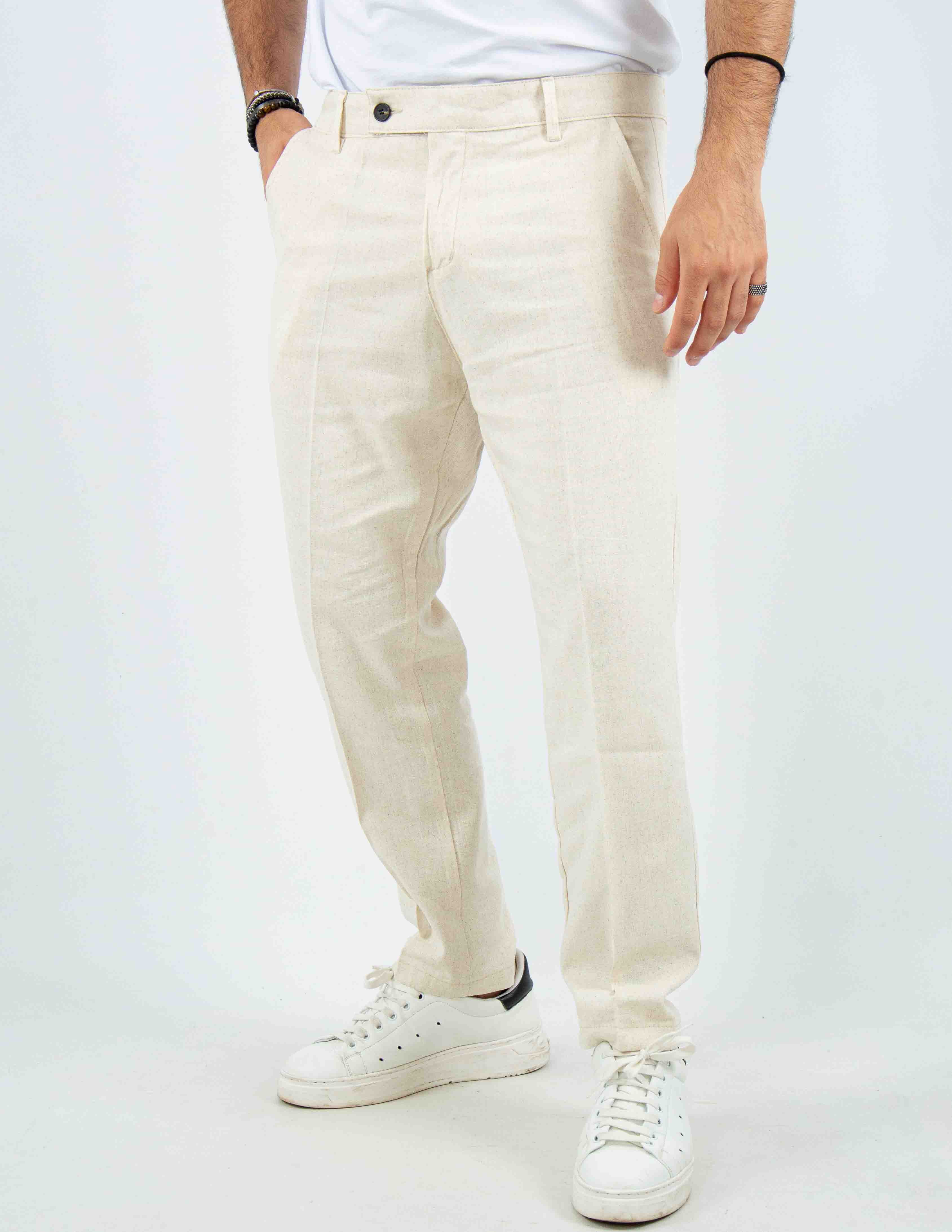 pantalone con abbottonatura allungata misto lino