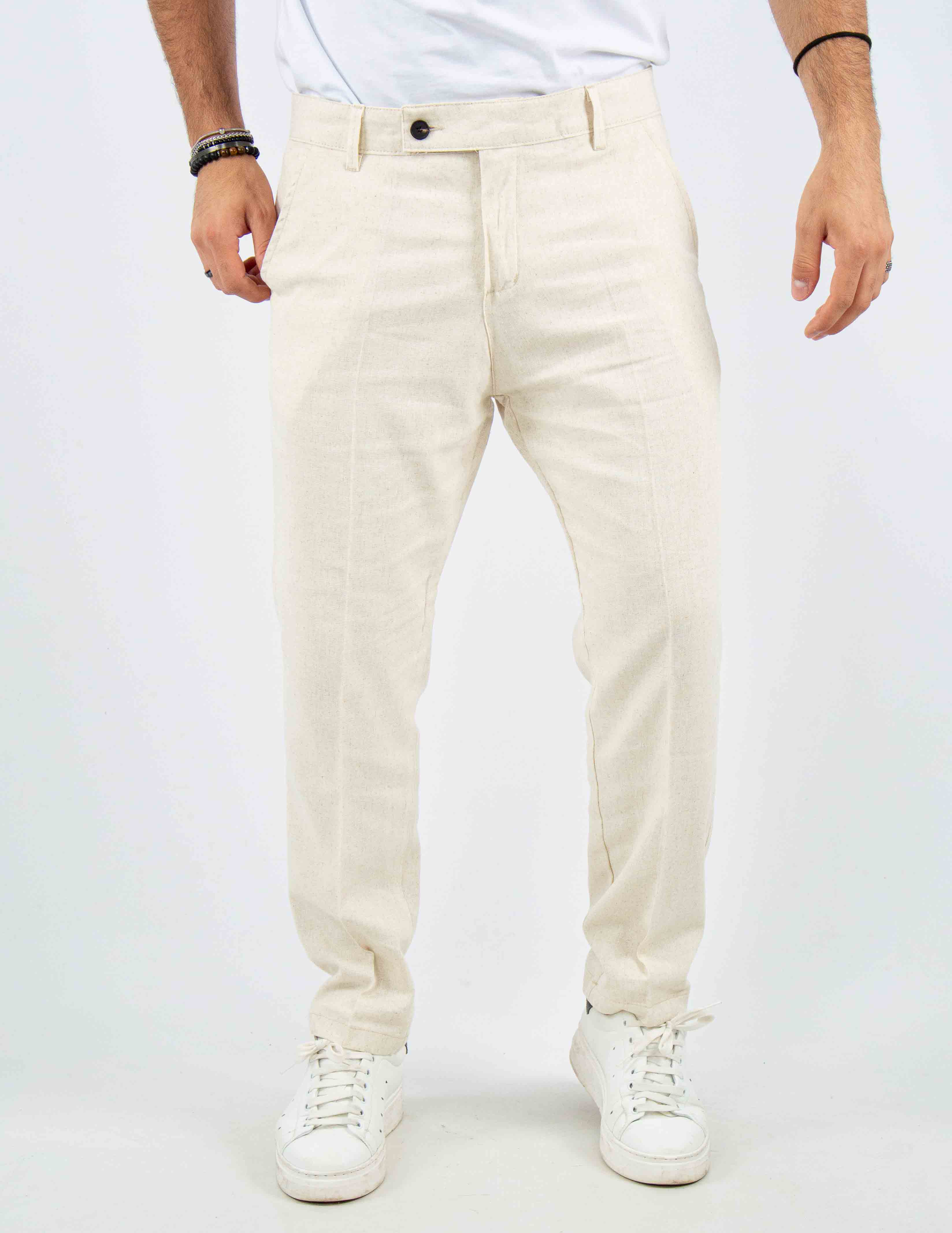 pantalone con abbottonatura allungata misto lino