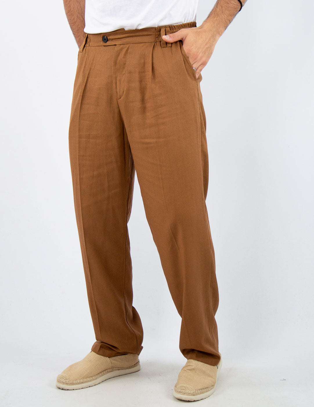 pantalone fondo largo in misto lino