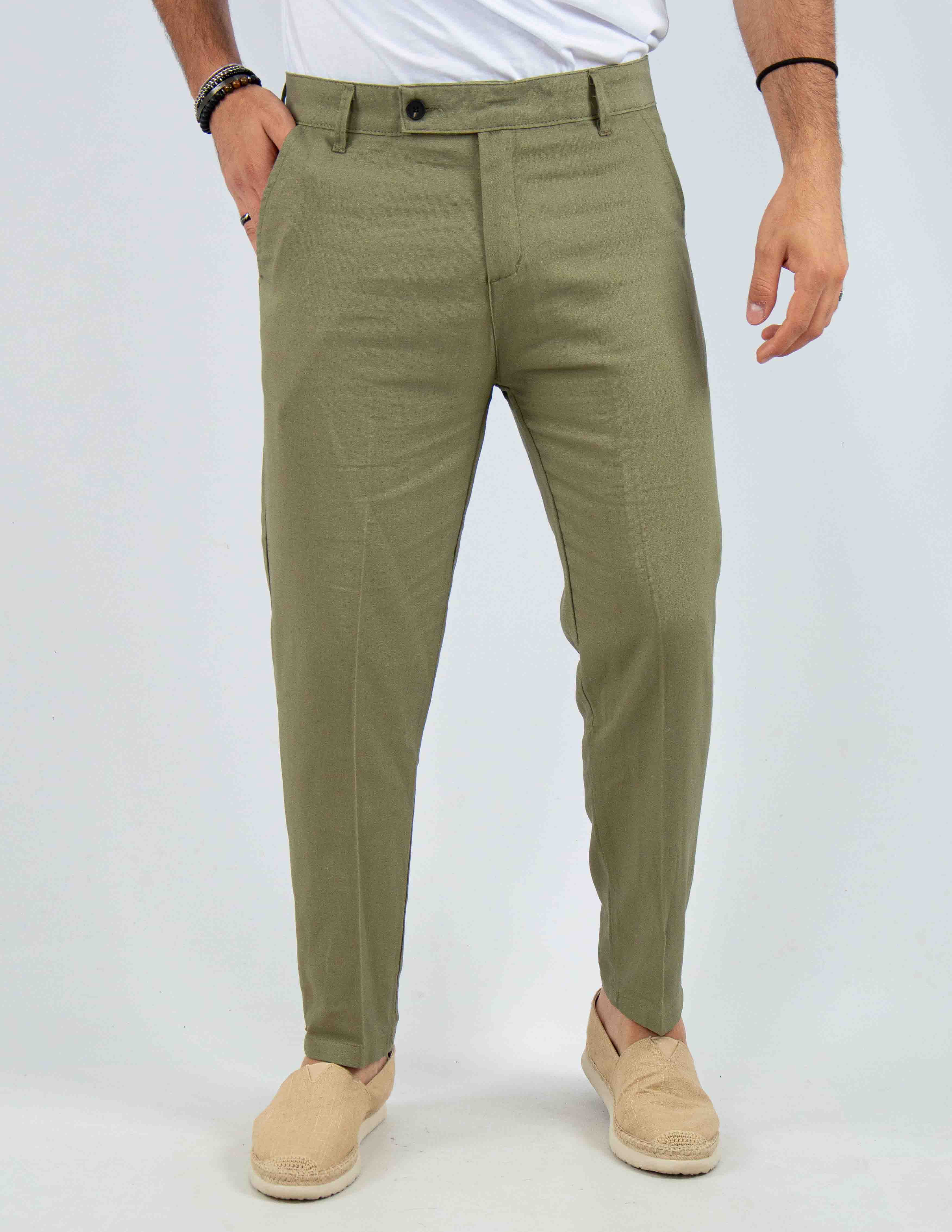 pantalone con abbottonatura allungata misto lino