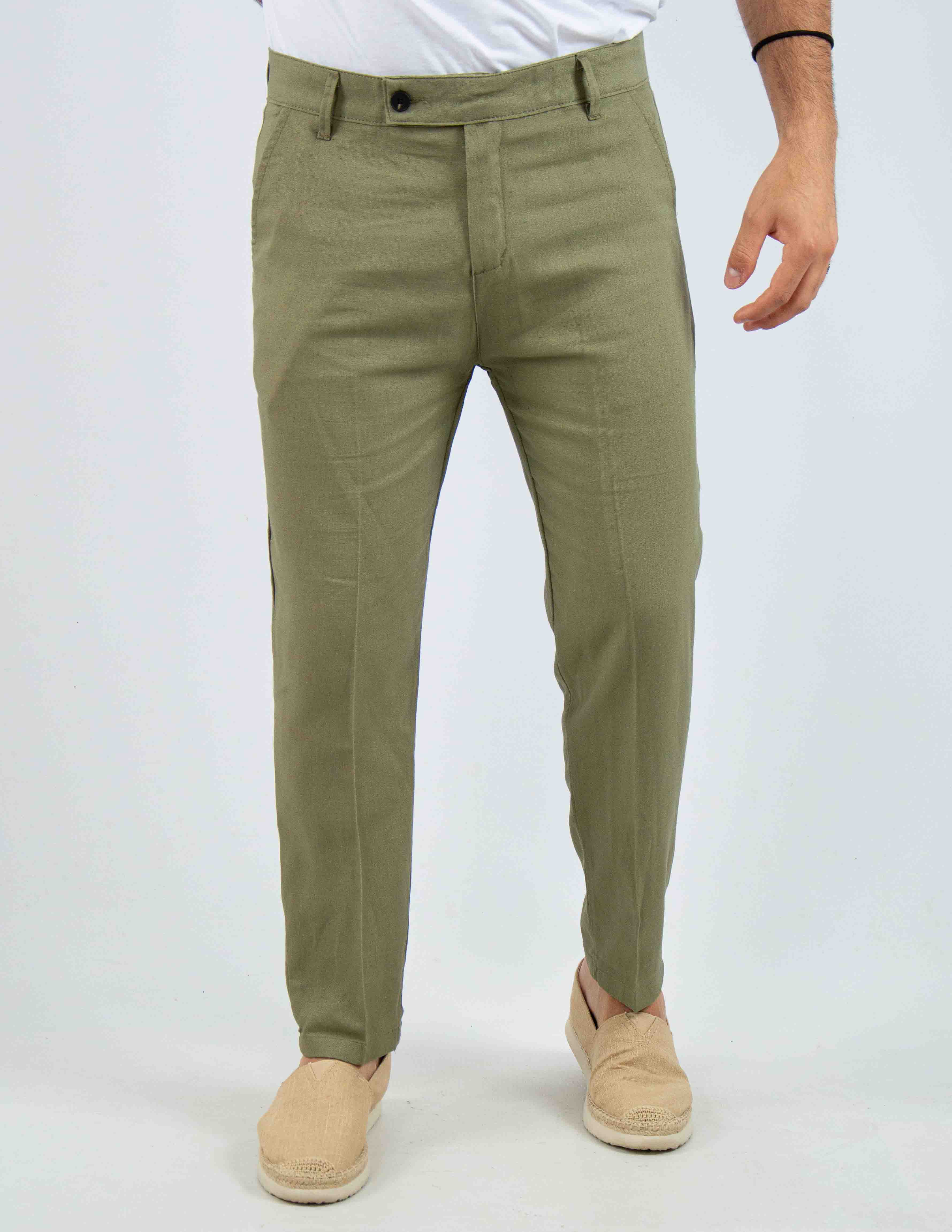 pantalone con abbottonatura allungata misto lino