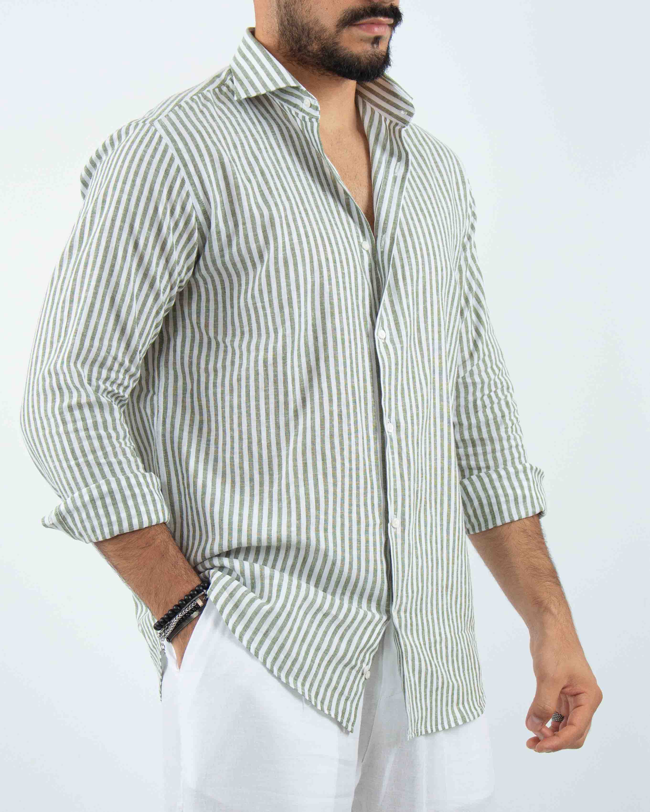 camicia profumata in lino a righe collo classico