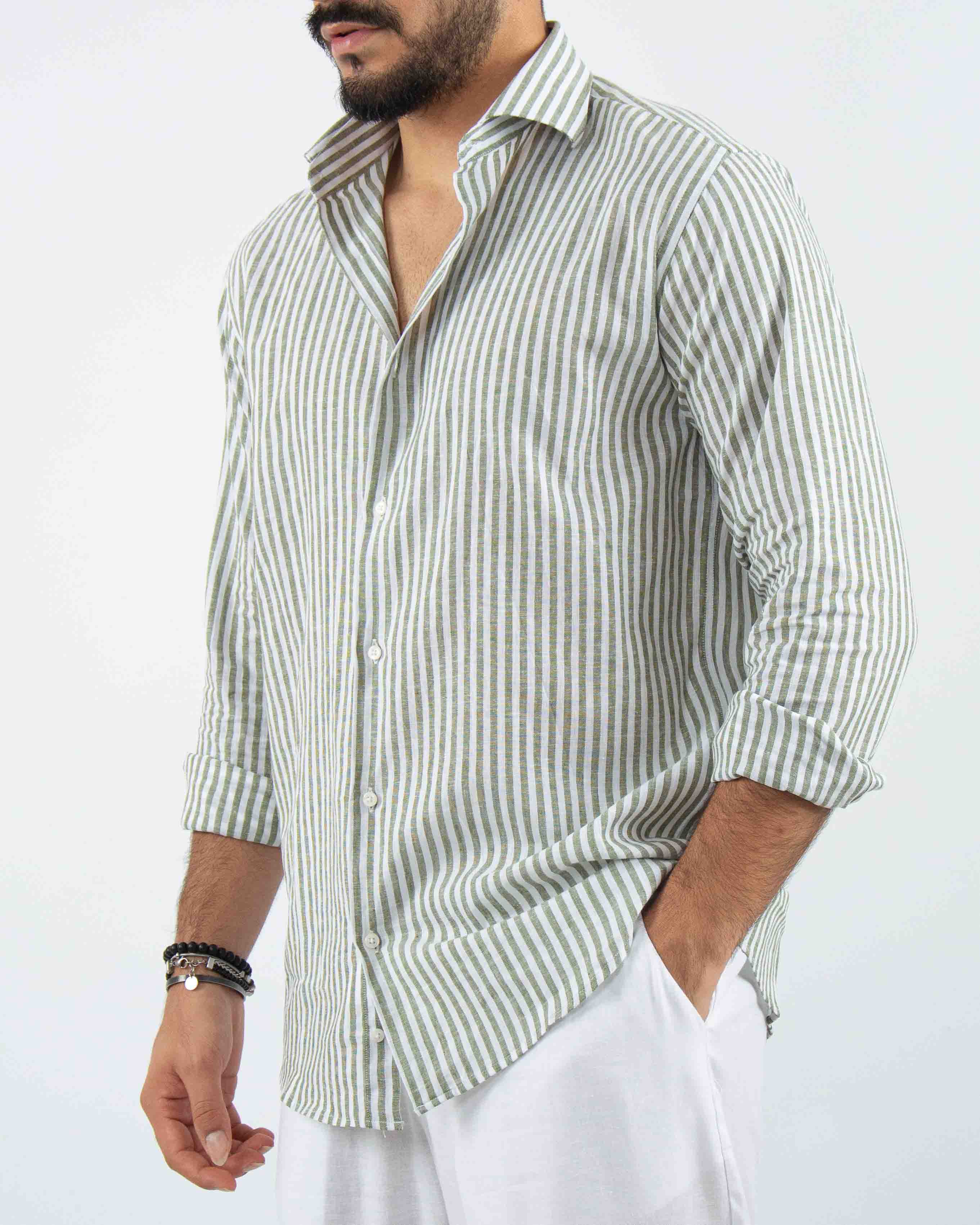 camicia profumata in lino a righe collo classico