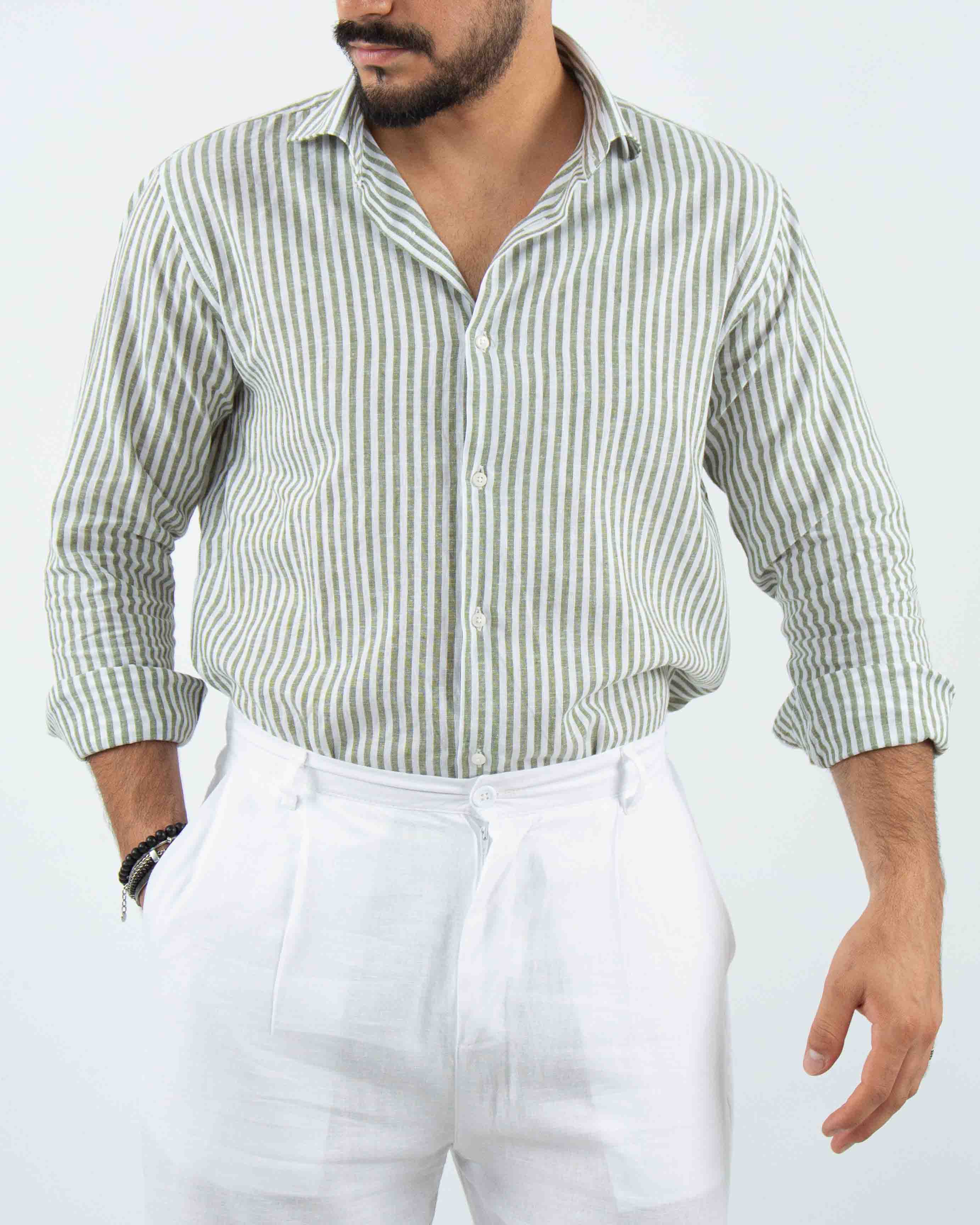 camicia profumata in lino a righe collo classico