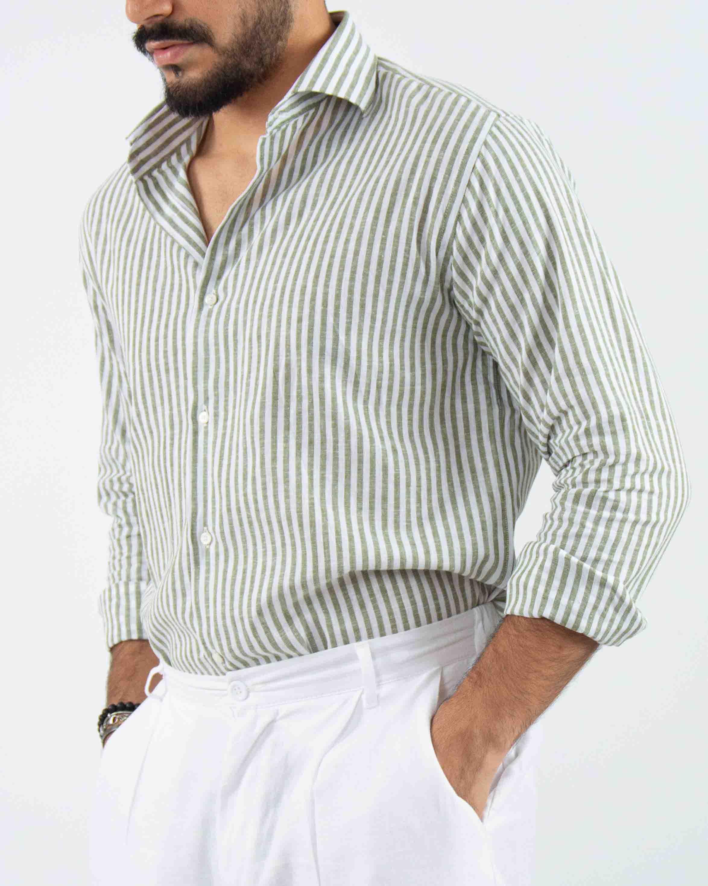 camicia profumata in lino a righe collo classico