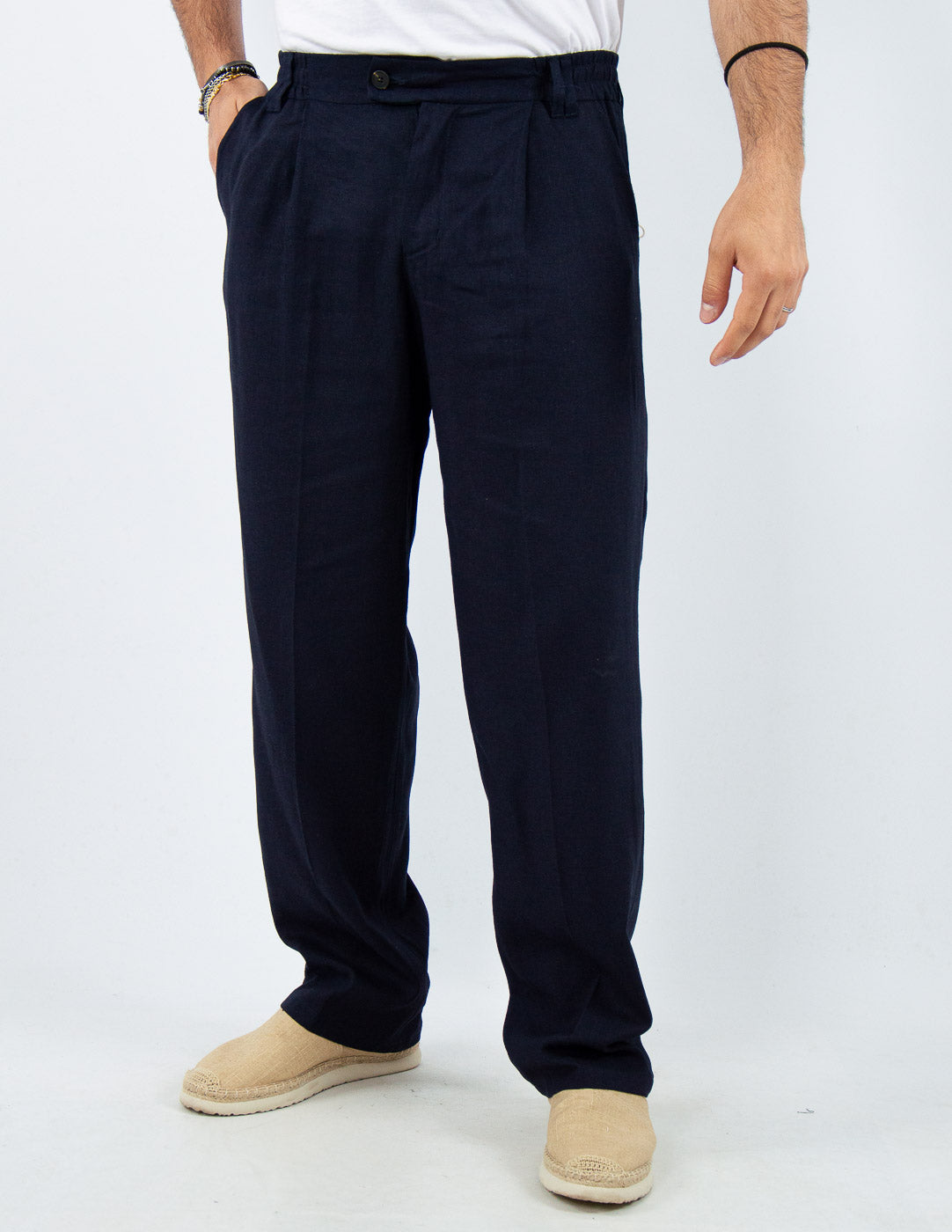 pantalone fondo largo in misto lino