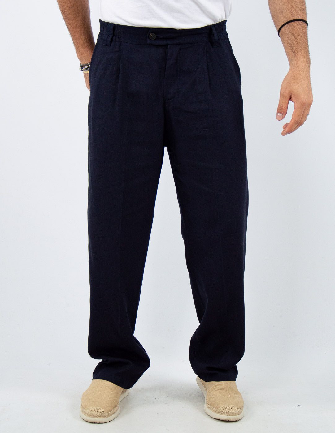 pantalone fondo largo in misto lino