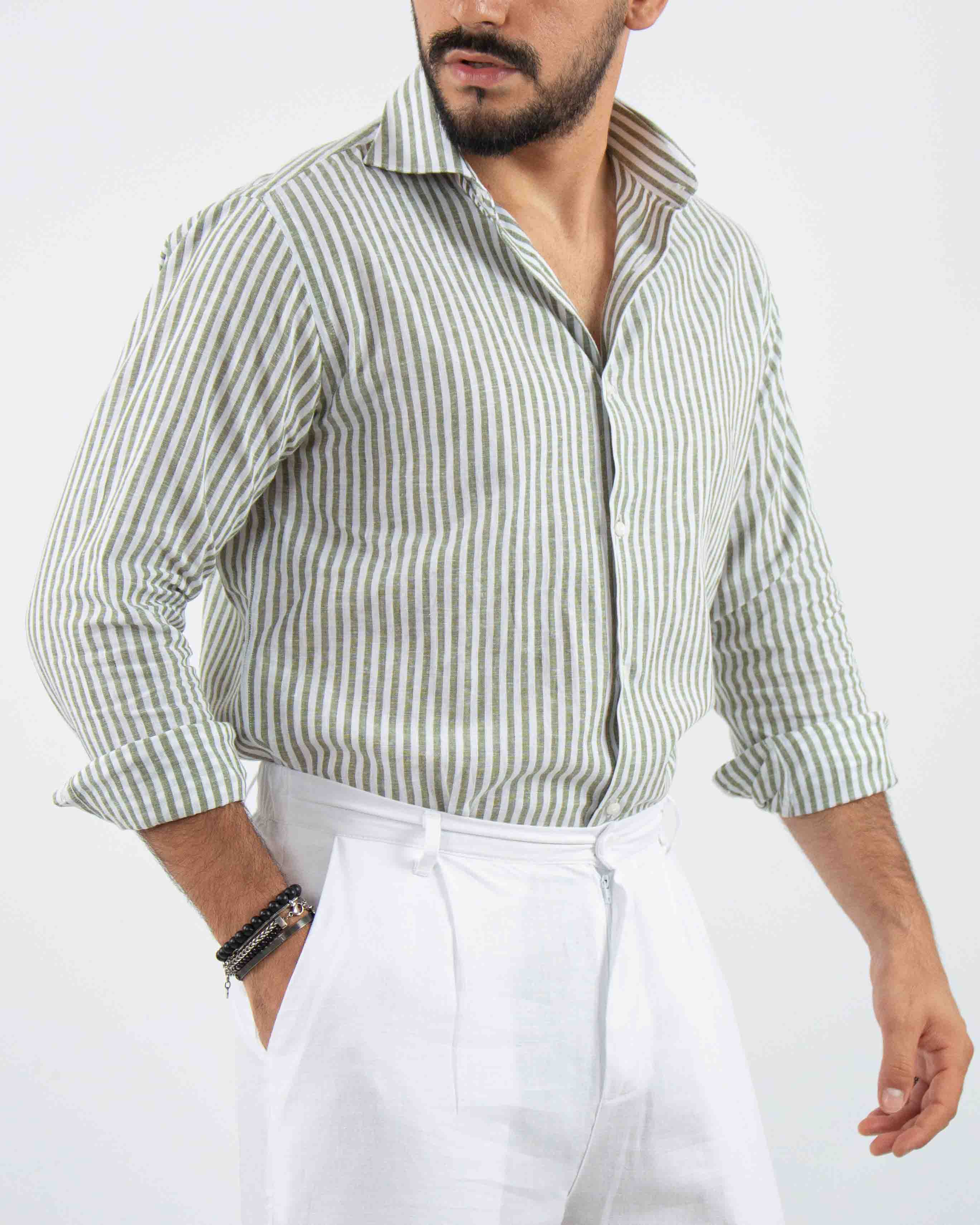 camicia profumata in lino a righe collo classico