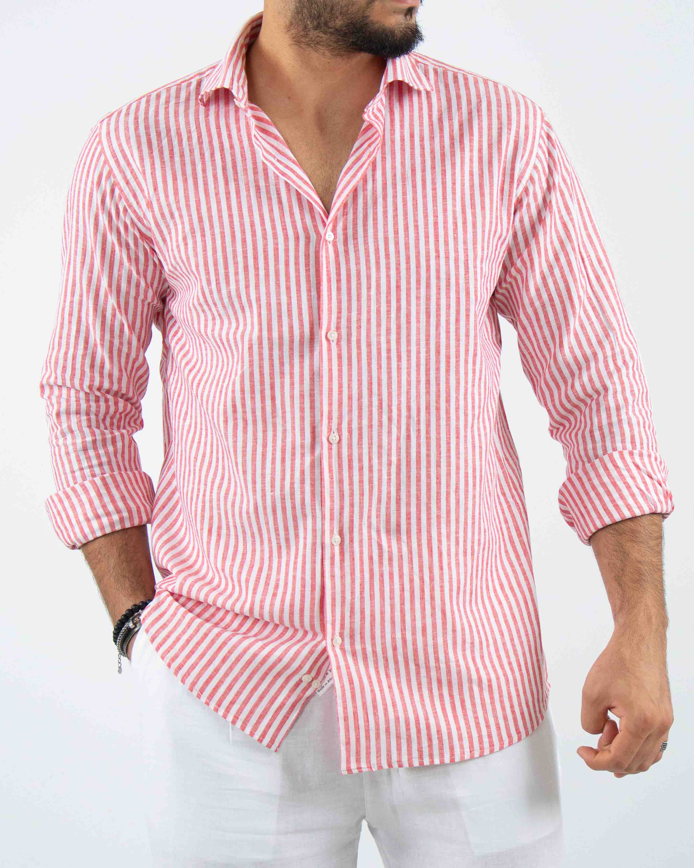 camicia profumata in lino a righe collo classico