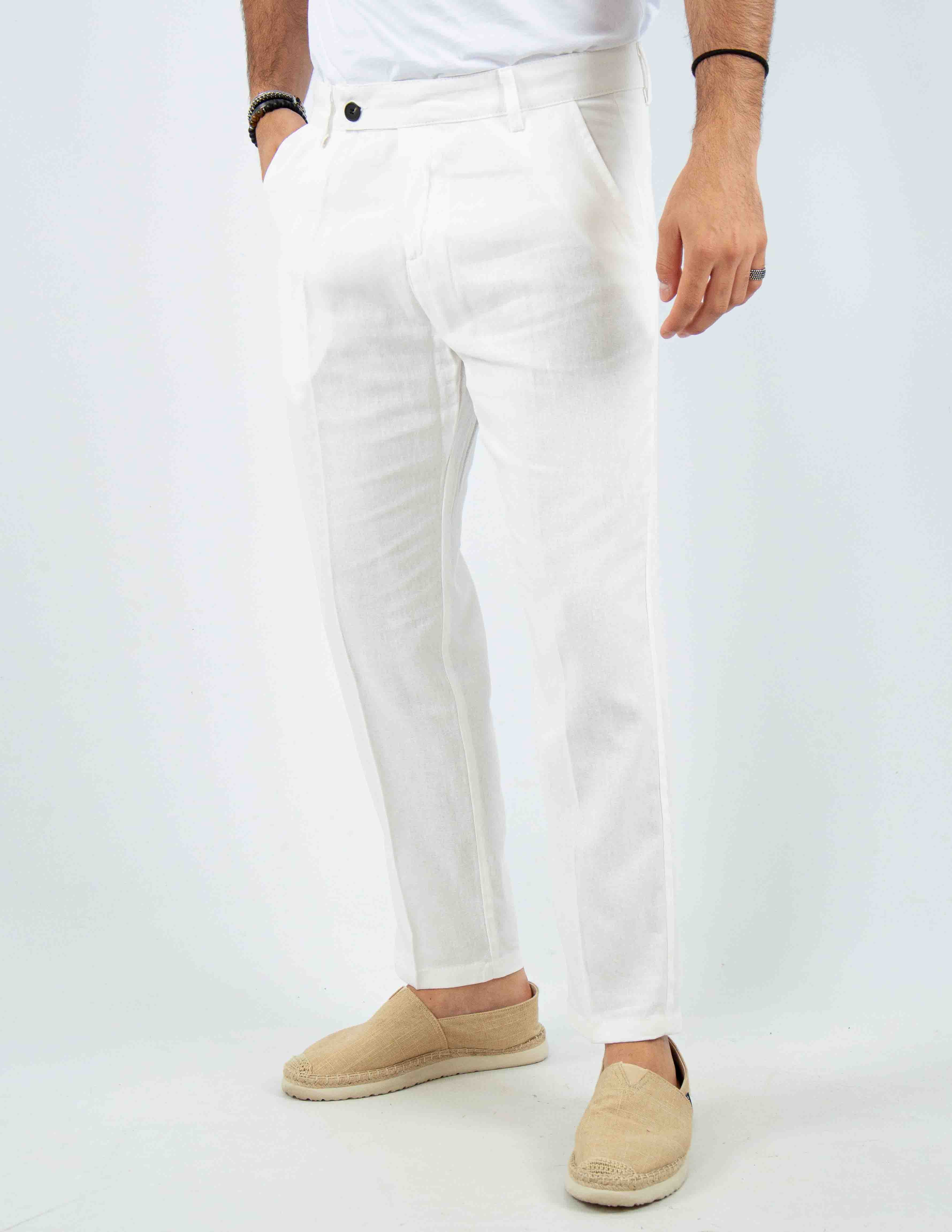 pantalone con abbottonatura allungata misto lino