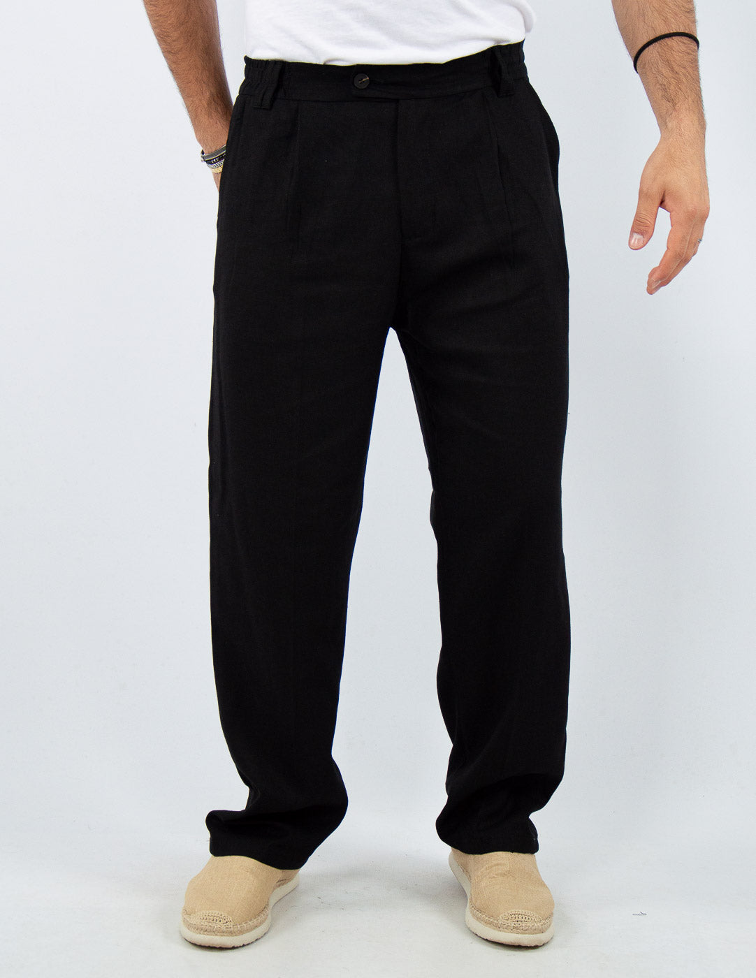 pantalone fondo largo in misto lino