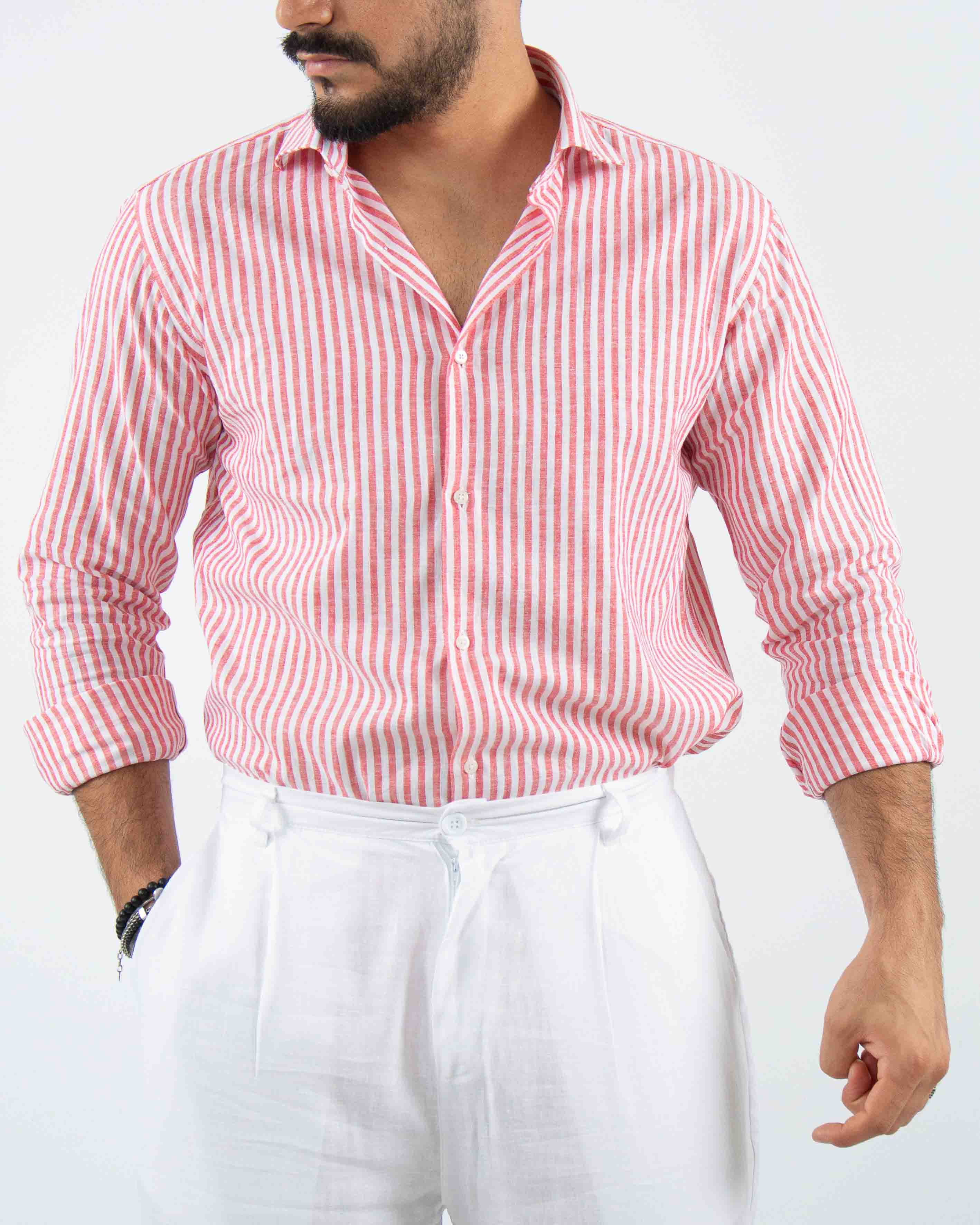 camicia profumata in lino a righe collo classico