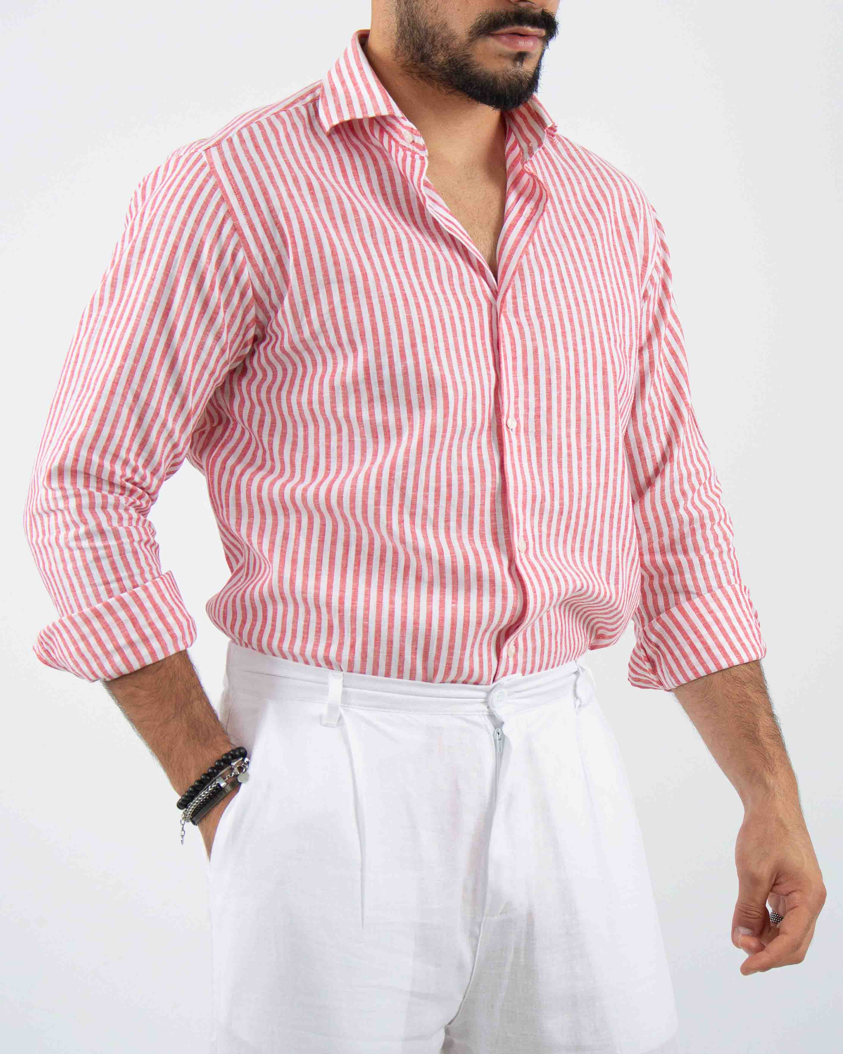 camicia profumata in lino a righe collo classico