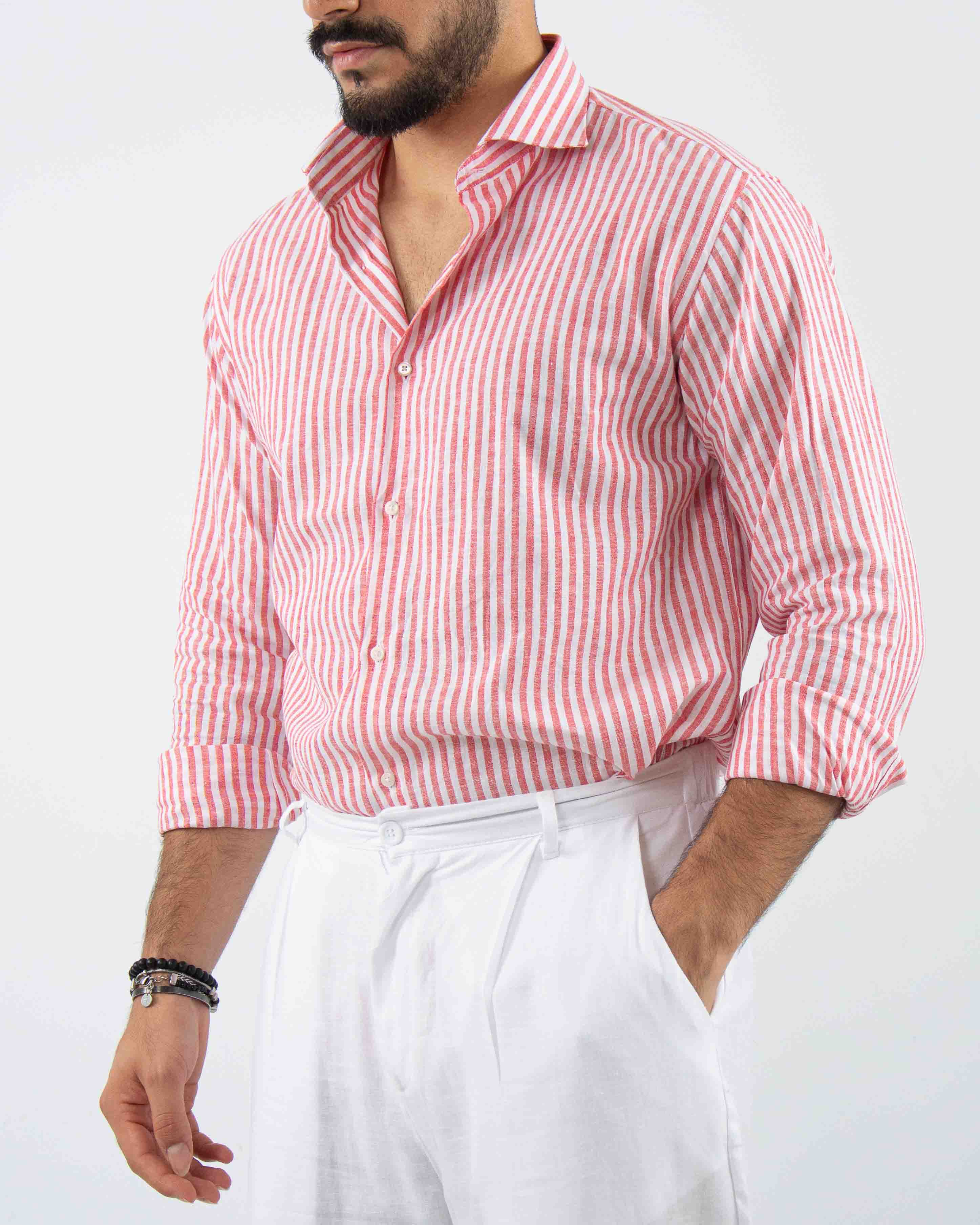 camicia profumata in lino a righe collo classico