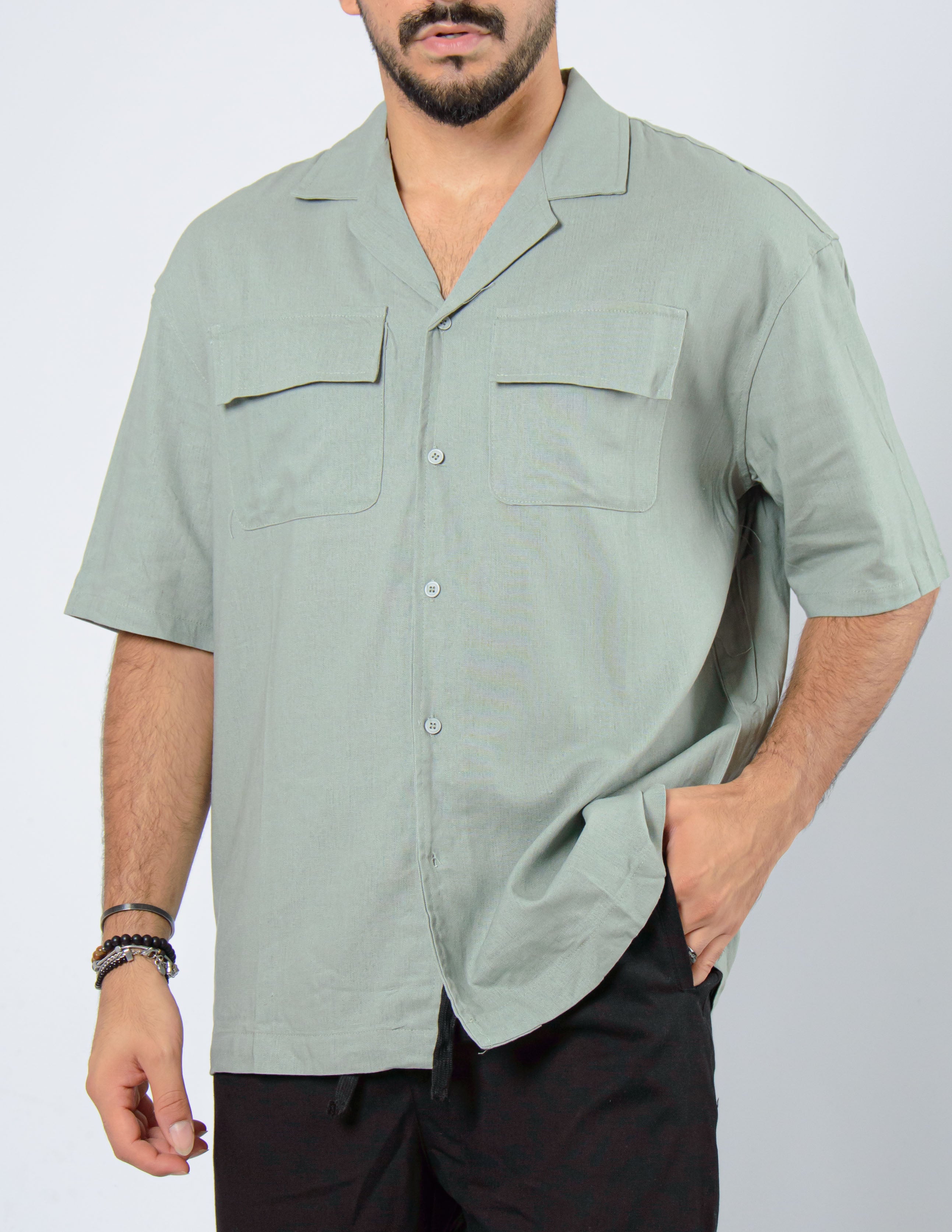 camicia manica corta con tasche in lino
