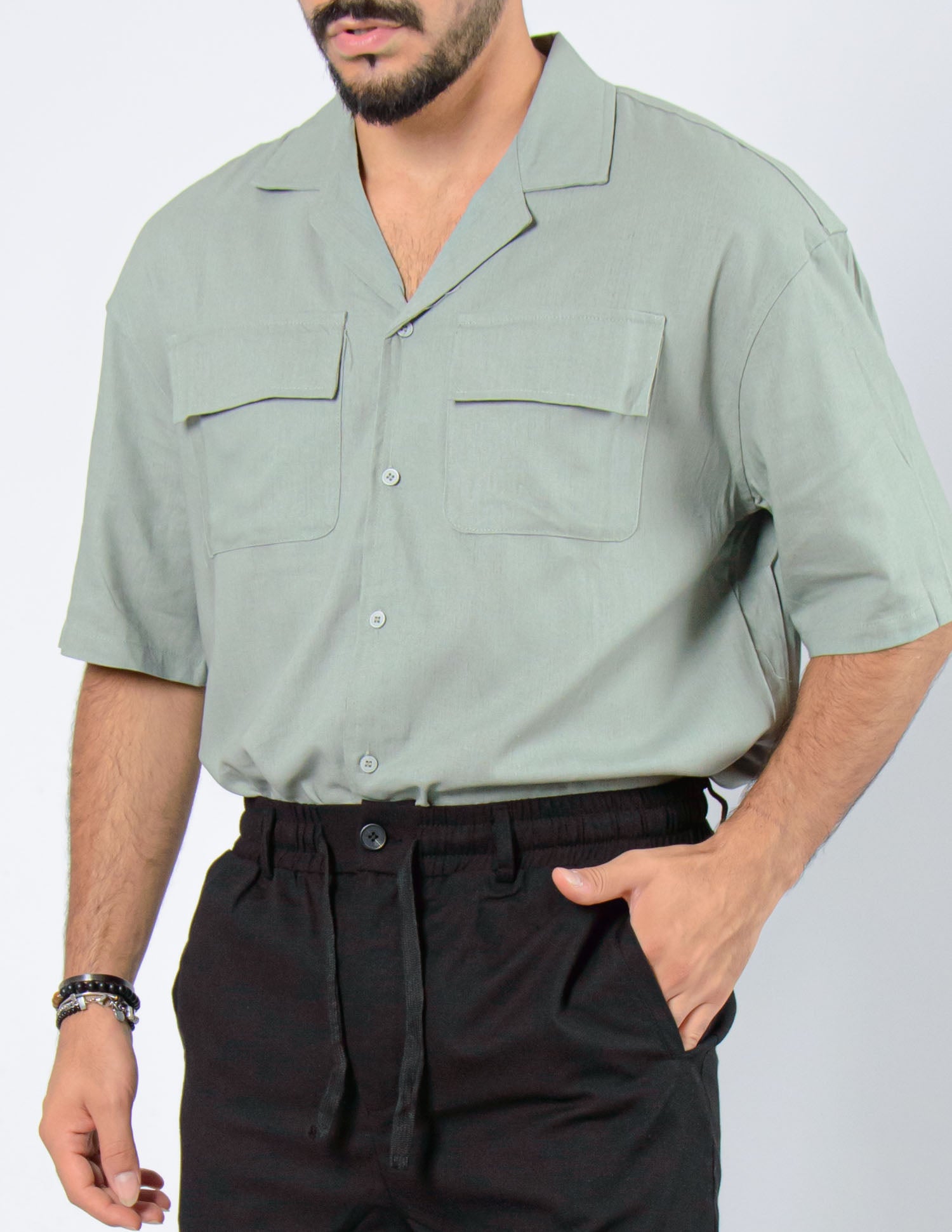 camicia manica corta con tasche in lino