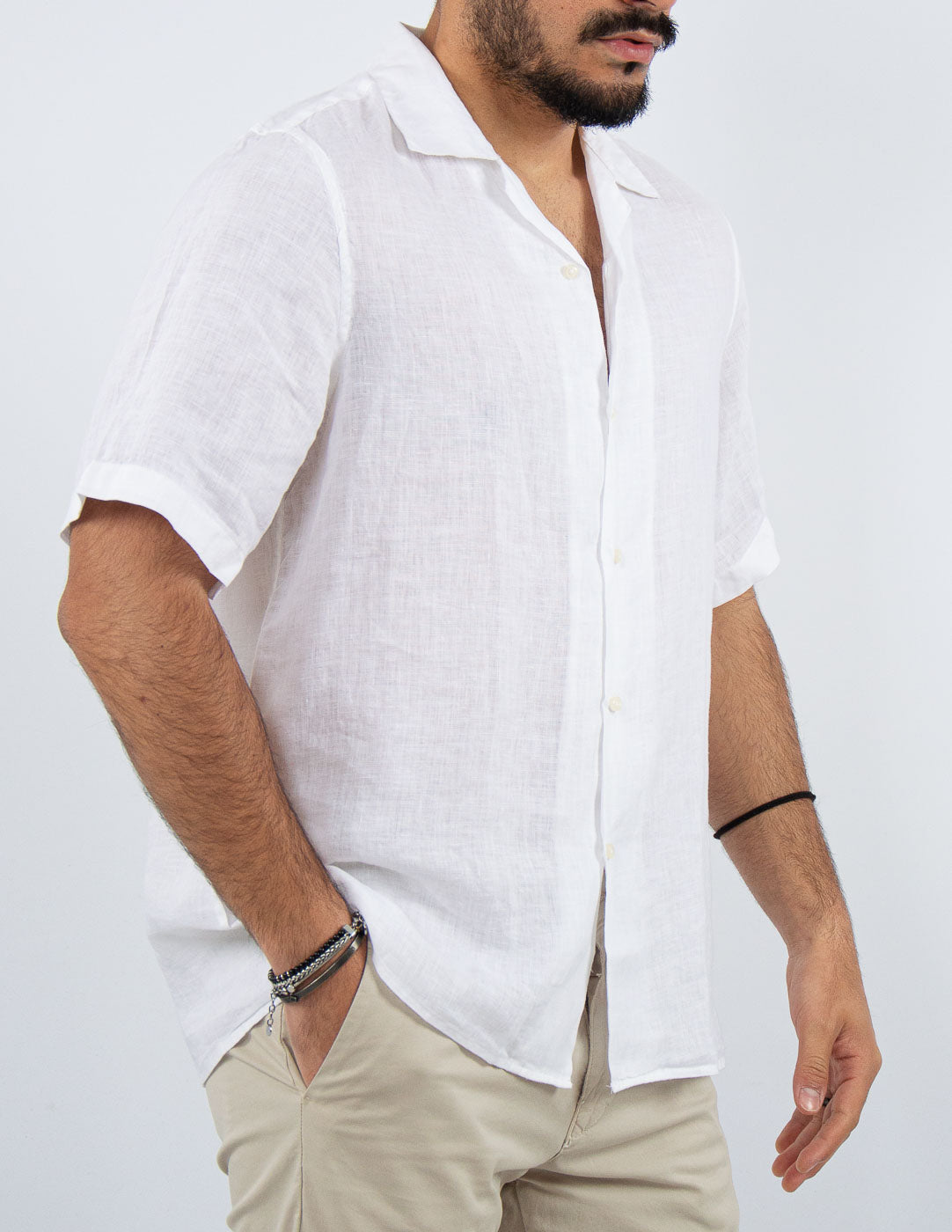 camicia manica corta collo bowling in puro lino over d